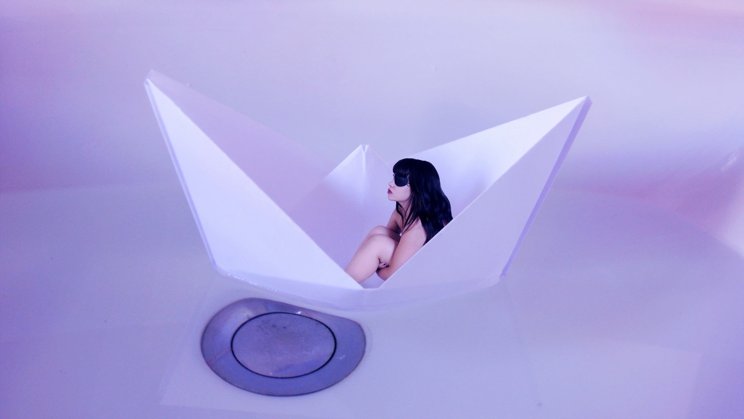Woman in paper boat in bathtub HD Wallpaper