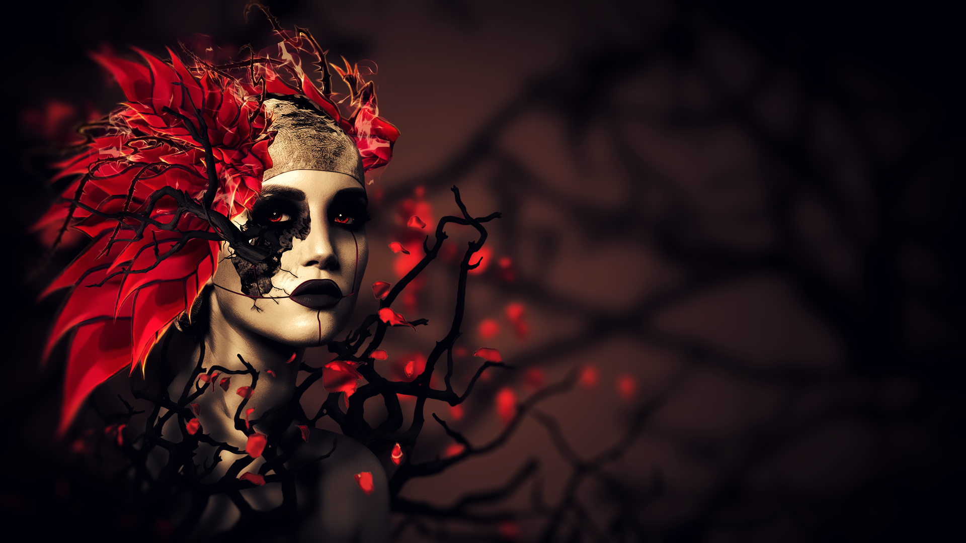 Digital art of a woman with red flowers and dark branches HD Wallpaper