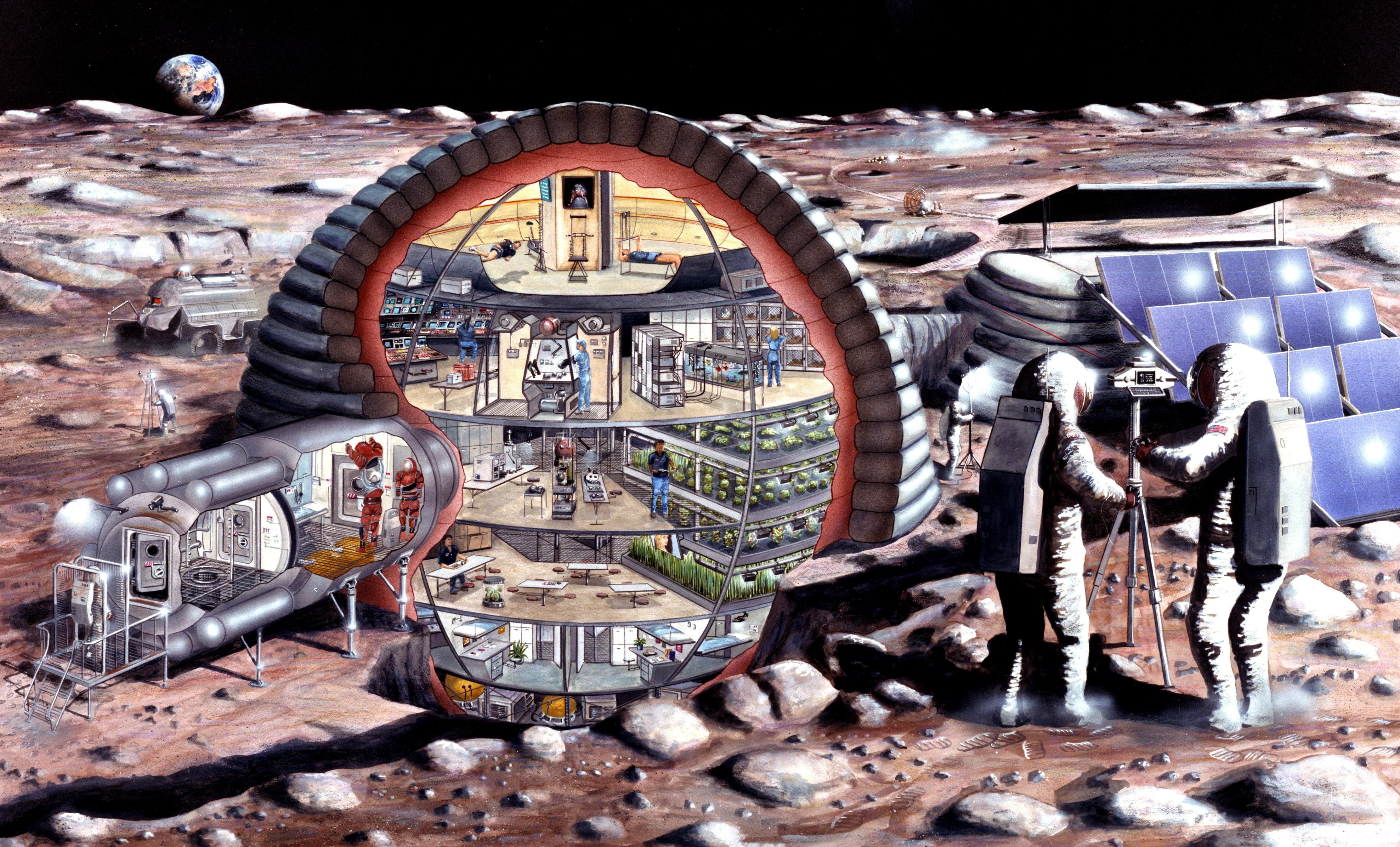 Lunar base interior and exterior with astronauts and Earth in the background HD Wallpaper