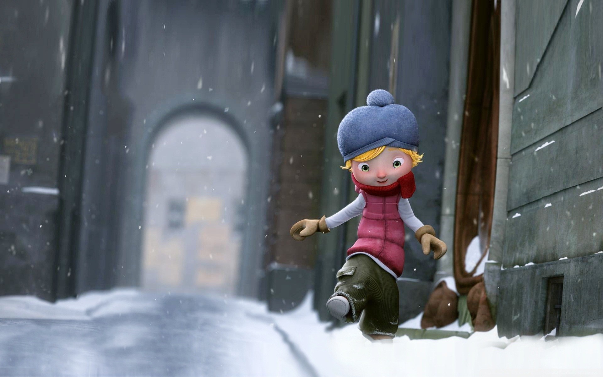 Animated girl in winter clothes walking in snow HD Wallpaper