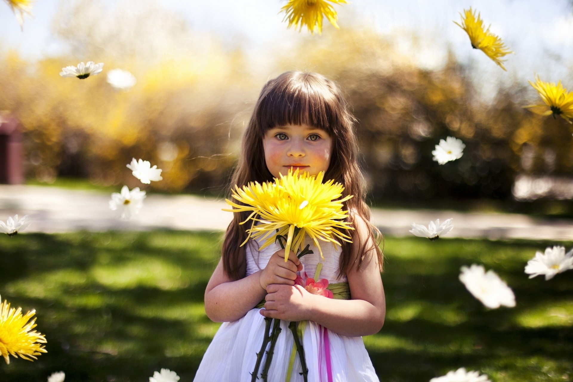 Girl holding yellow flowers with falling petals HD Wallpaper