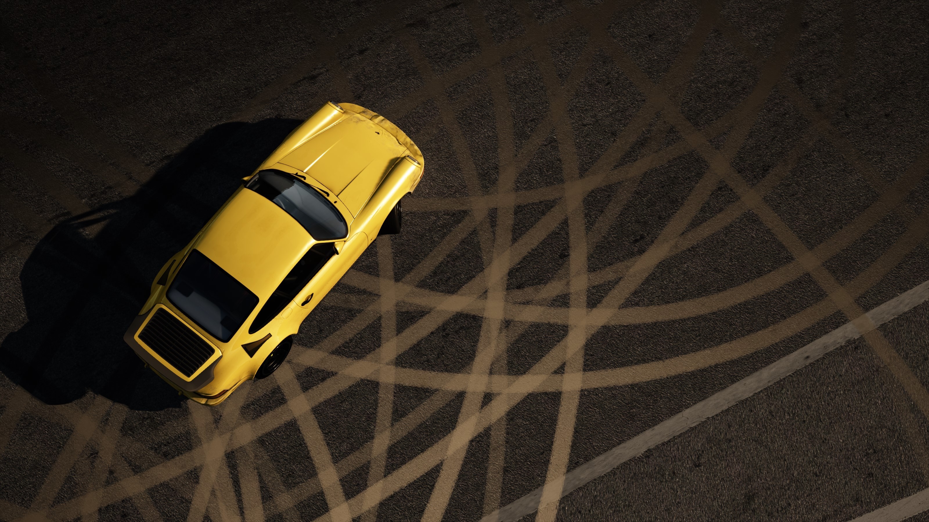 Yellow RUF car on asphalt with tire marks HD Wallpaper