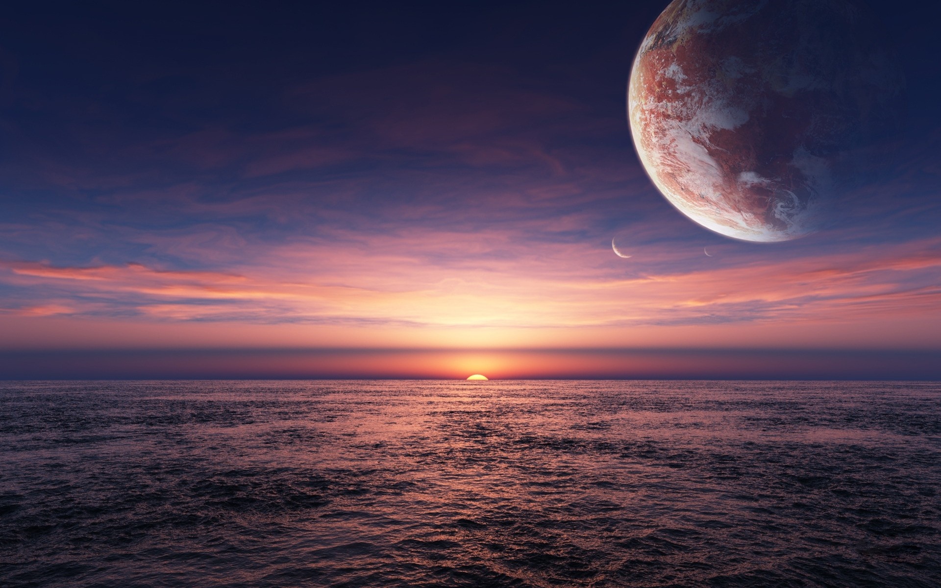 Planet and moon over ocean at sunset HD Wallpaper