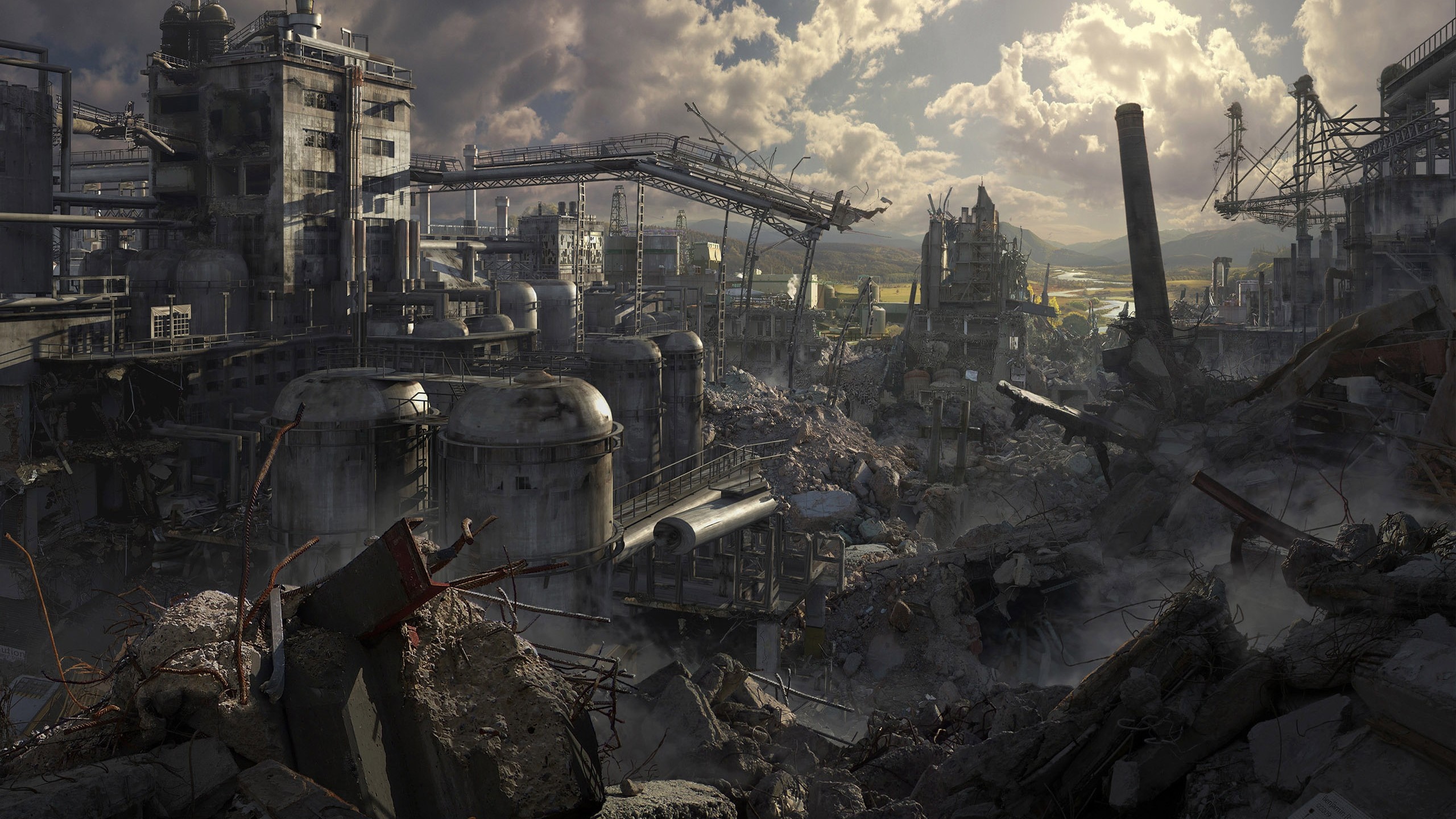 Ruined industrial complex with smokestacks and debris HD Wallpaper