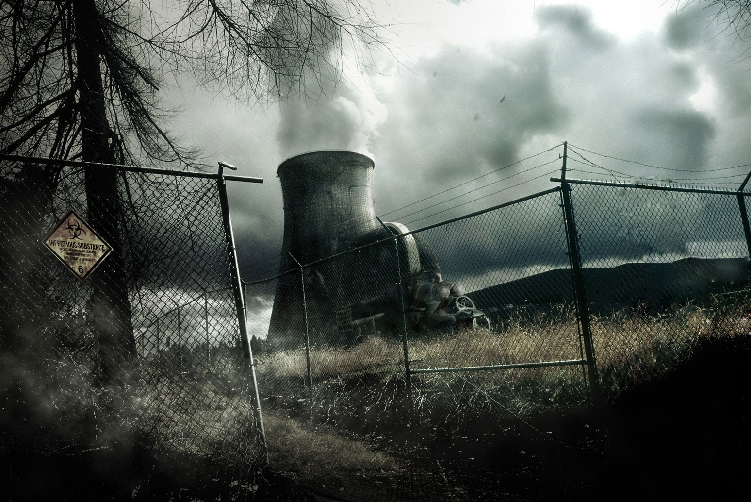 Dystopian power plant with warning sign HD Wallpaper