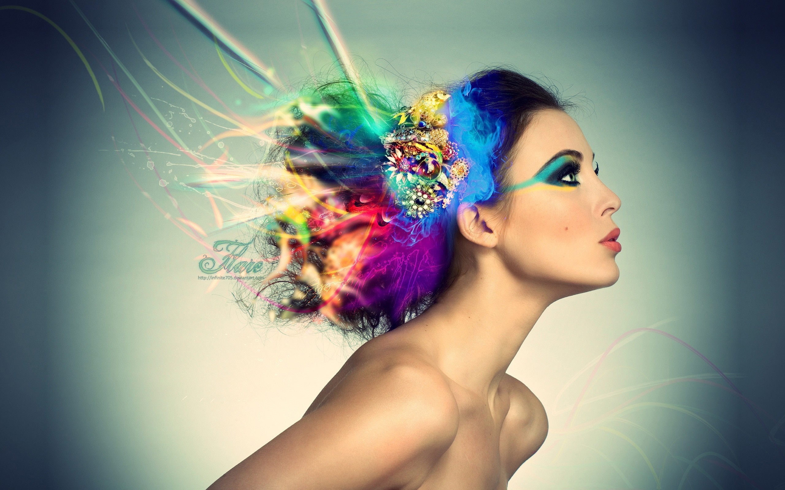 Woman with colorful artistic hair and makeup HD Wallpaper