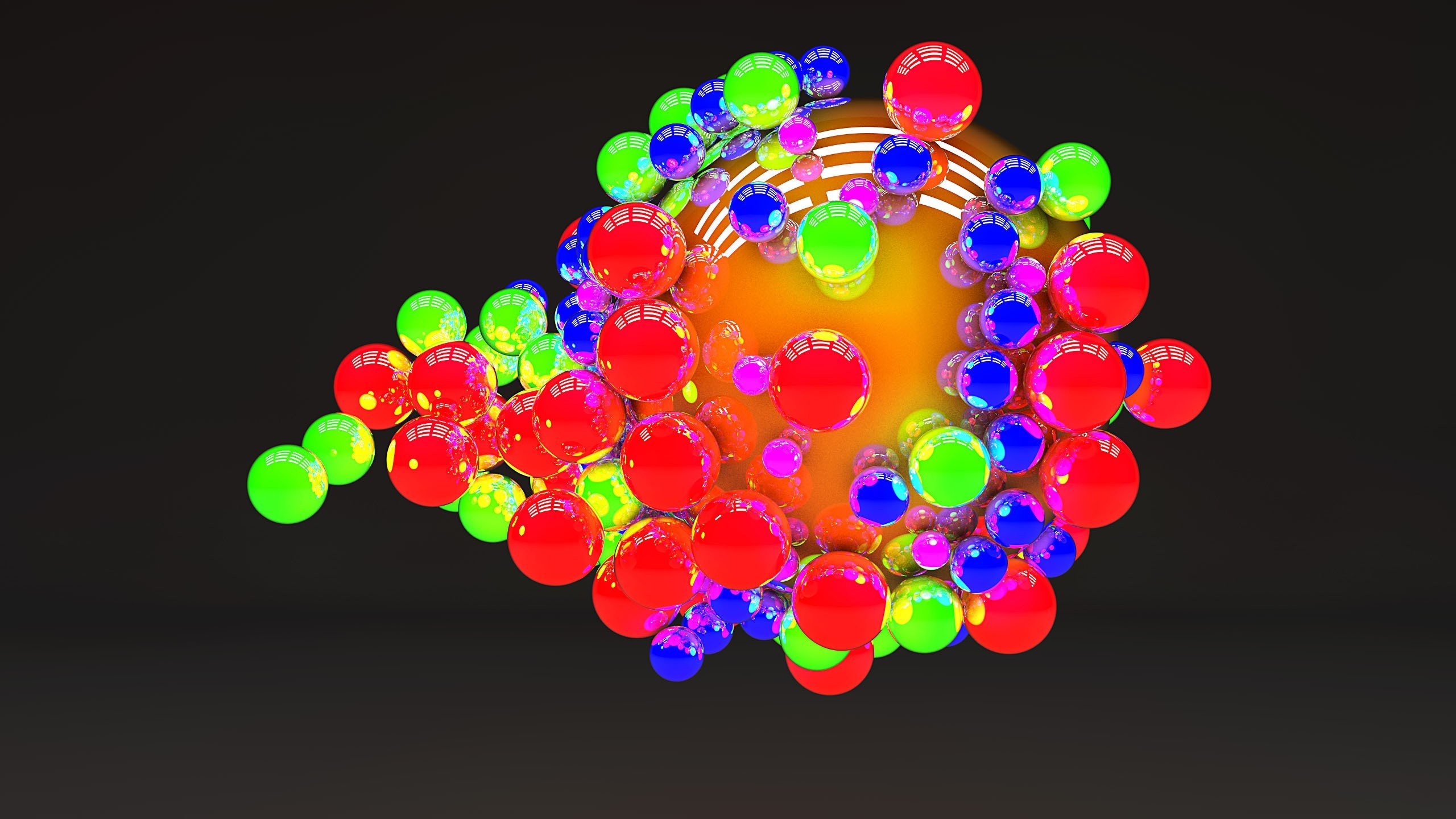 Cluster of colorful spheres around a glowing orb HD Wallpaper