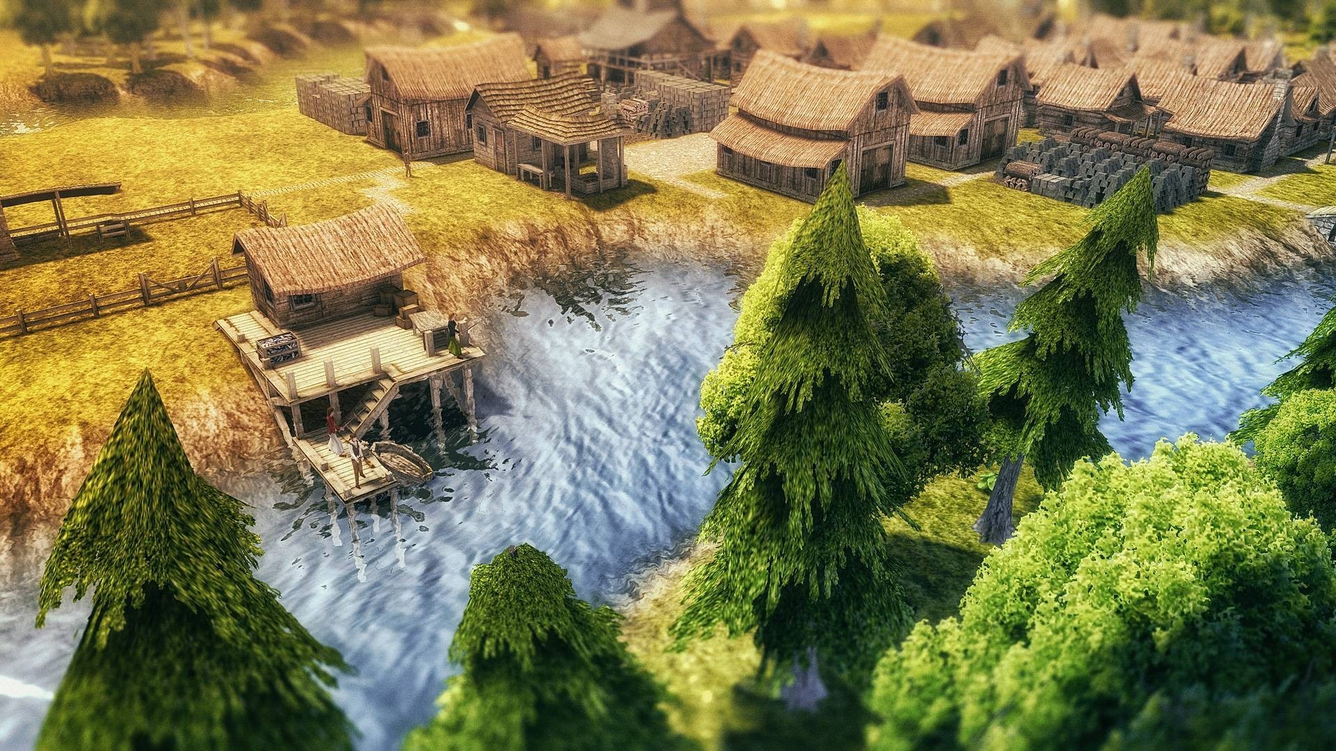 Banished village with river and trees HD Wallpaper