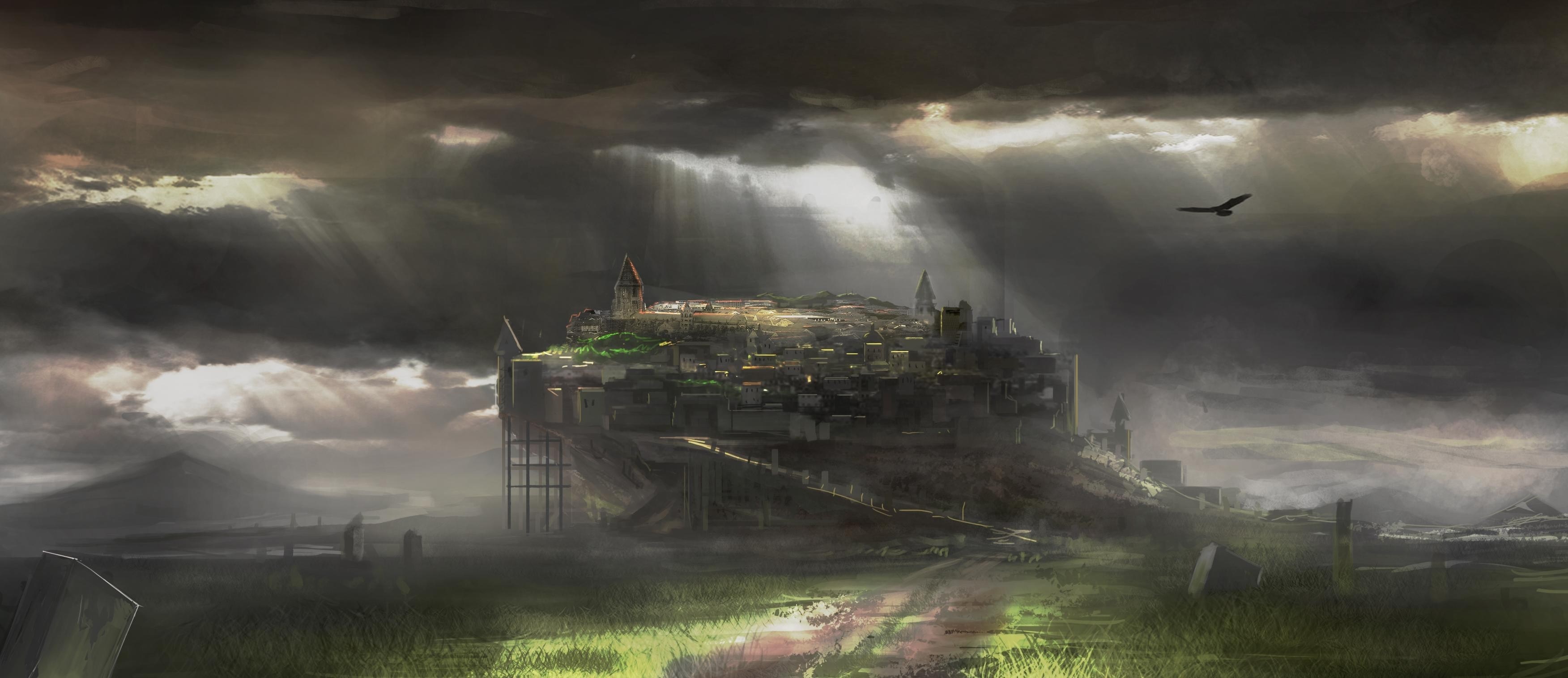 Floating city under stormy skies with sunbeams HD Wallpaper