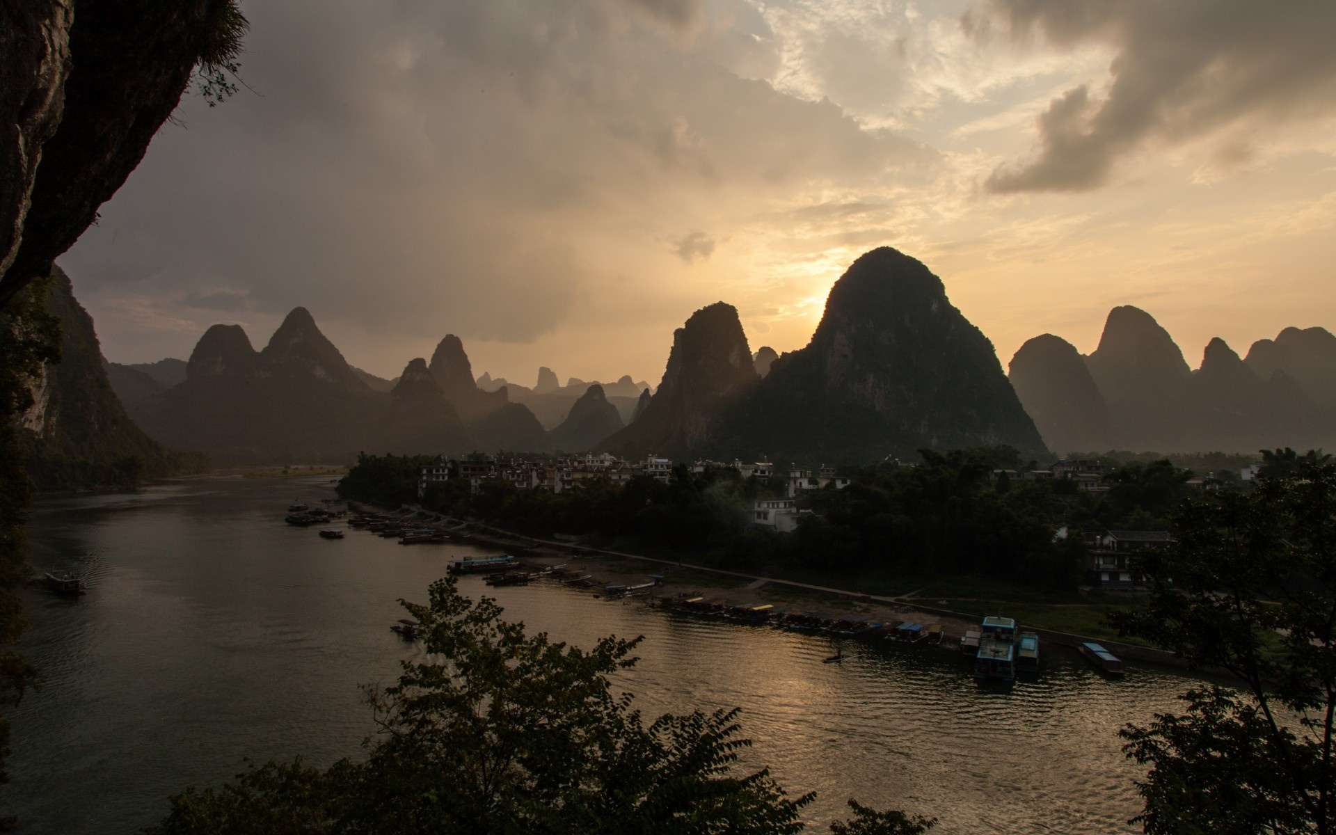 Karst mountains and river at sunset in China HD Wallpaper