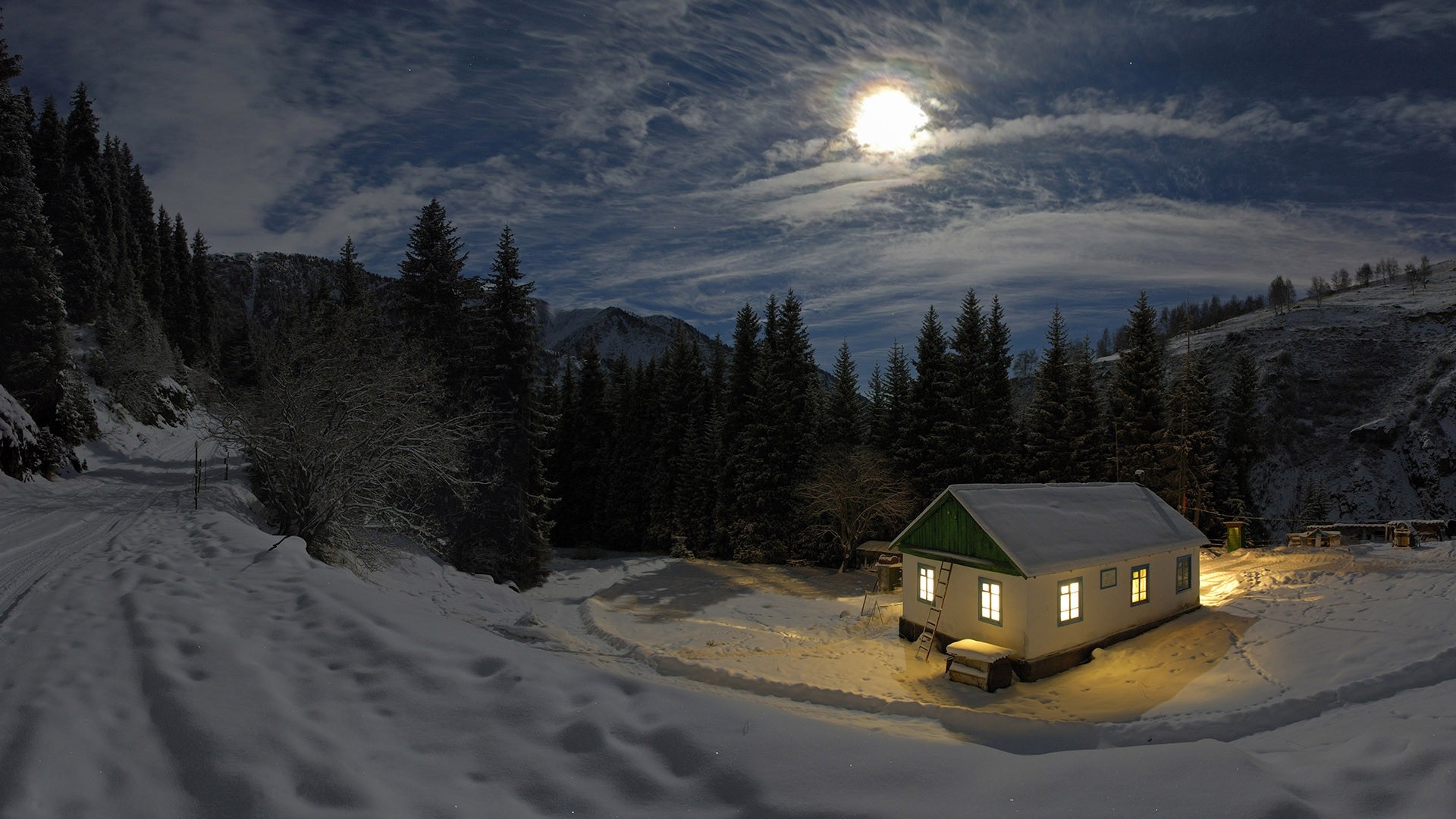 Snowy landscape with a house at night under the moon HD Wallpaper