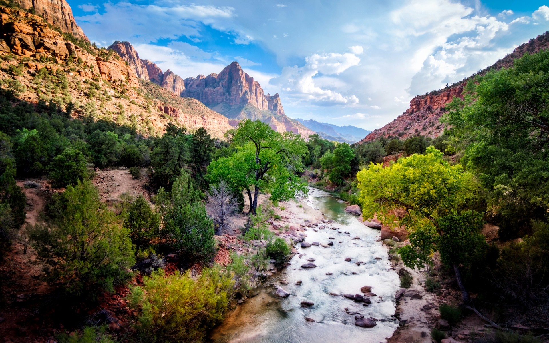 River flowing through a canyon with mountains and trees HD Wallpaper