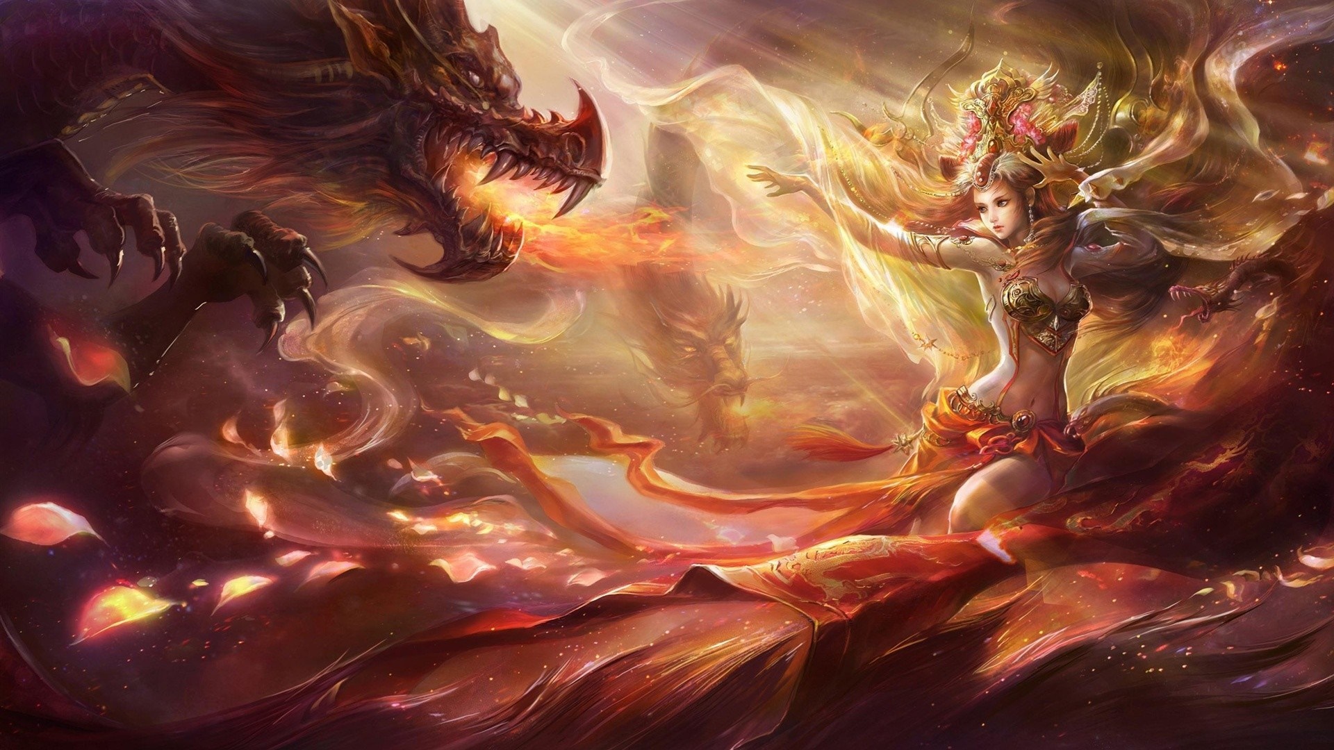 Fantasy art of a woman and dragons with fire HD Wallpaper