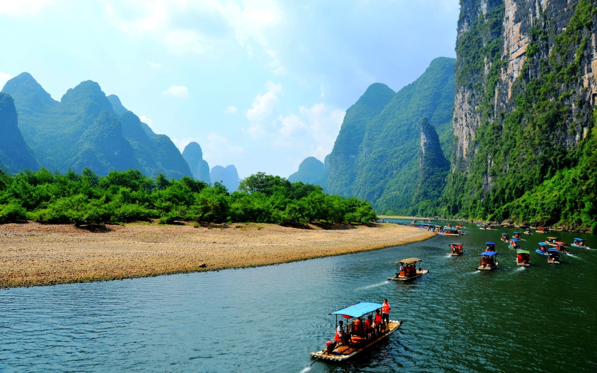 Boats on the Li River in China with Karst Mountains HD Wallpaper