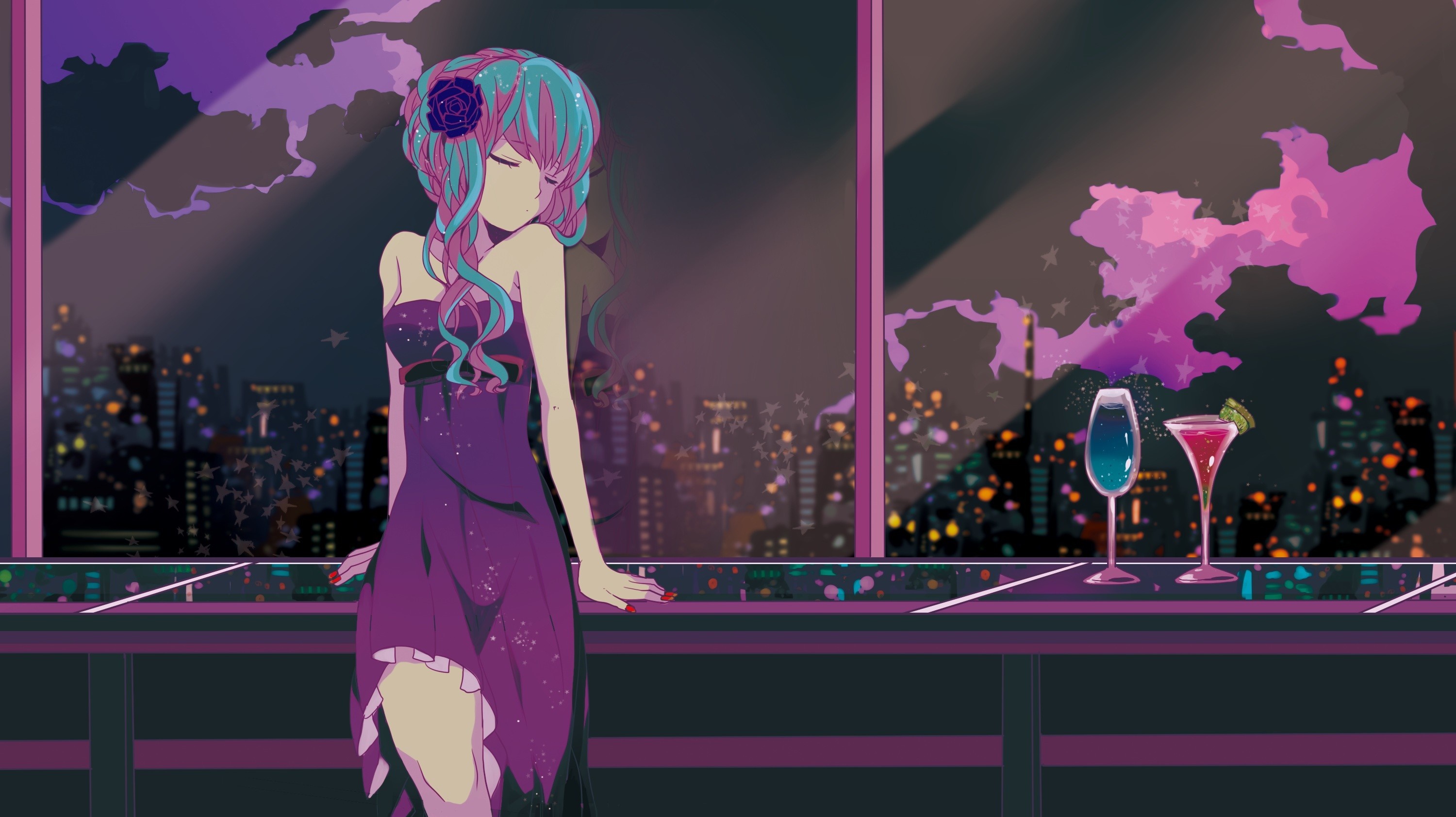 Hatsune Miku in a purple dress by the window HD Wallpaper
