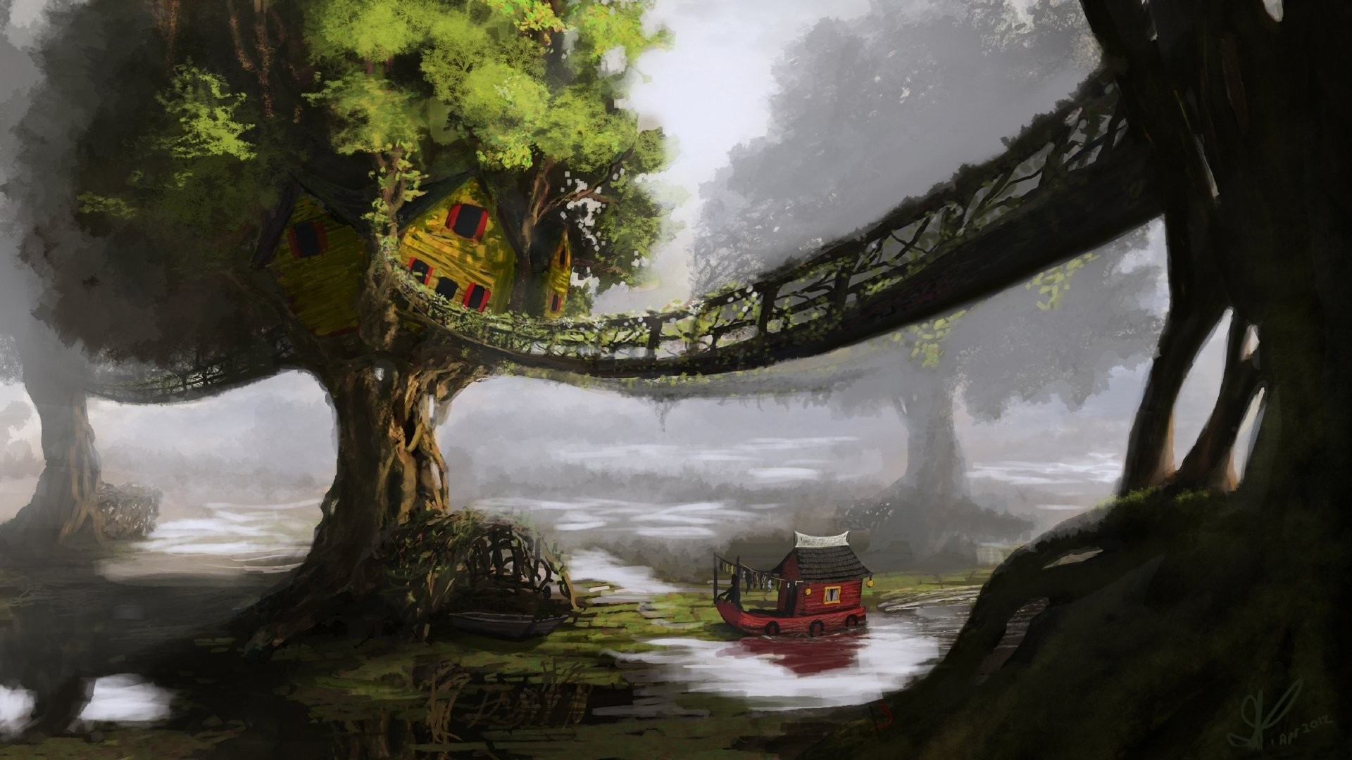 Fantasy treehouse village with a boat in a misty swamp HD Wallpaper