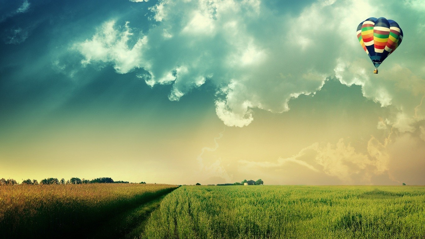 Hot air balloon over a grassy field at dawn HD Wallpaper