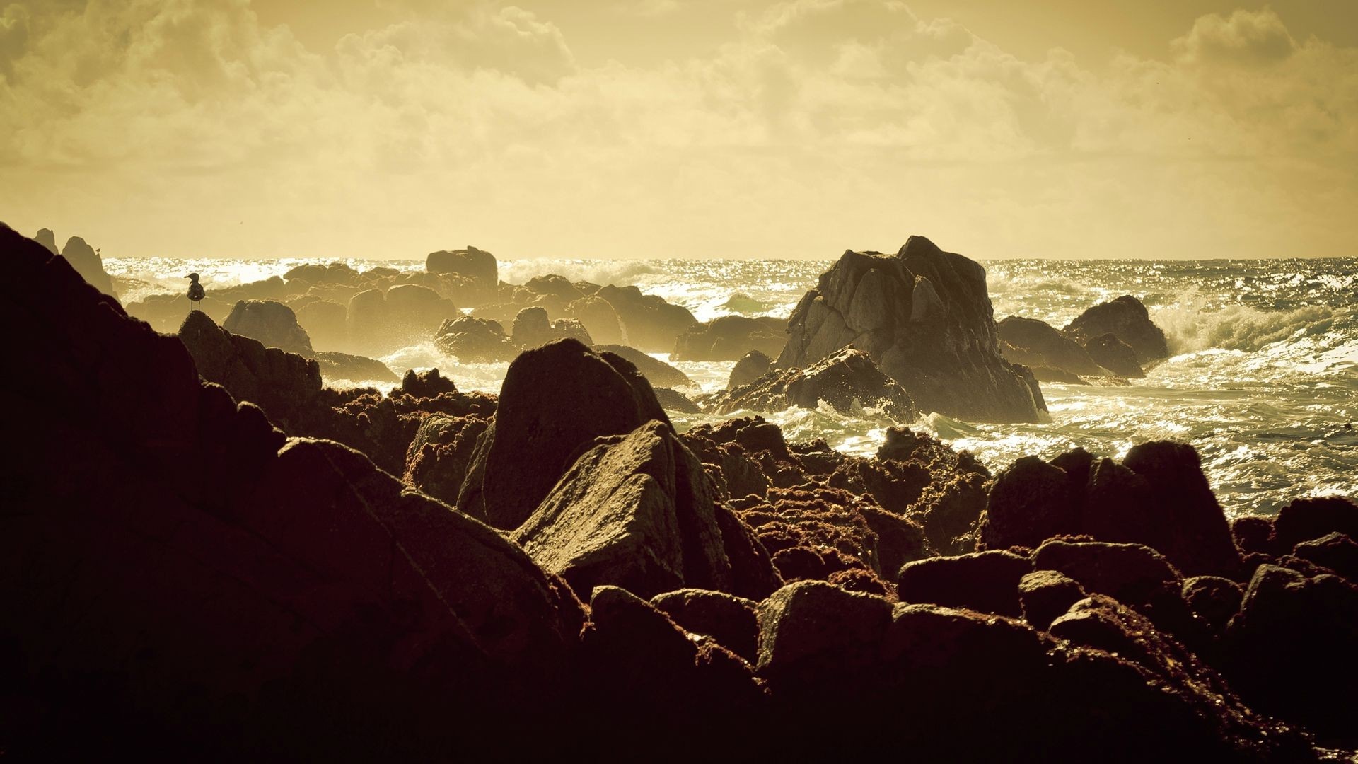 Rocky coast with waves at sunset HD Wallpaper