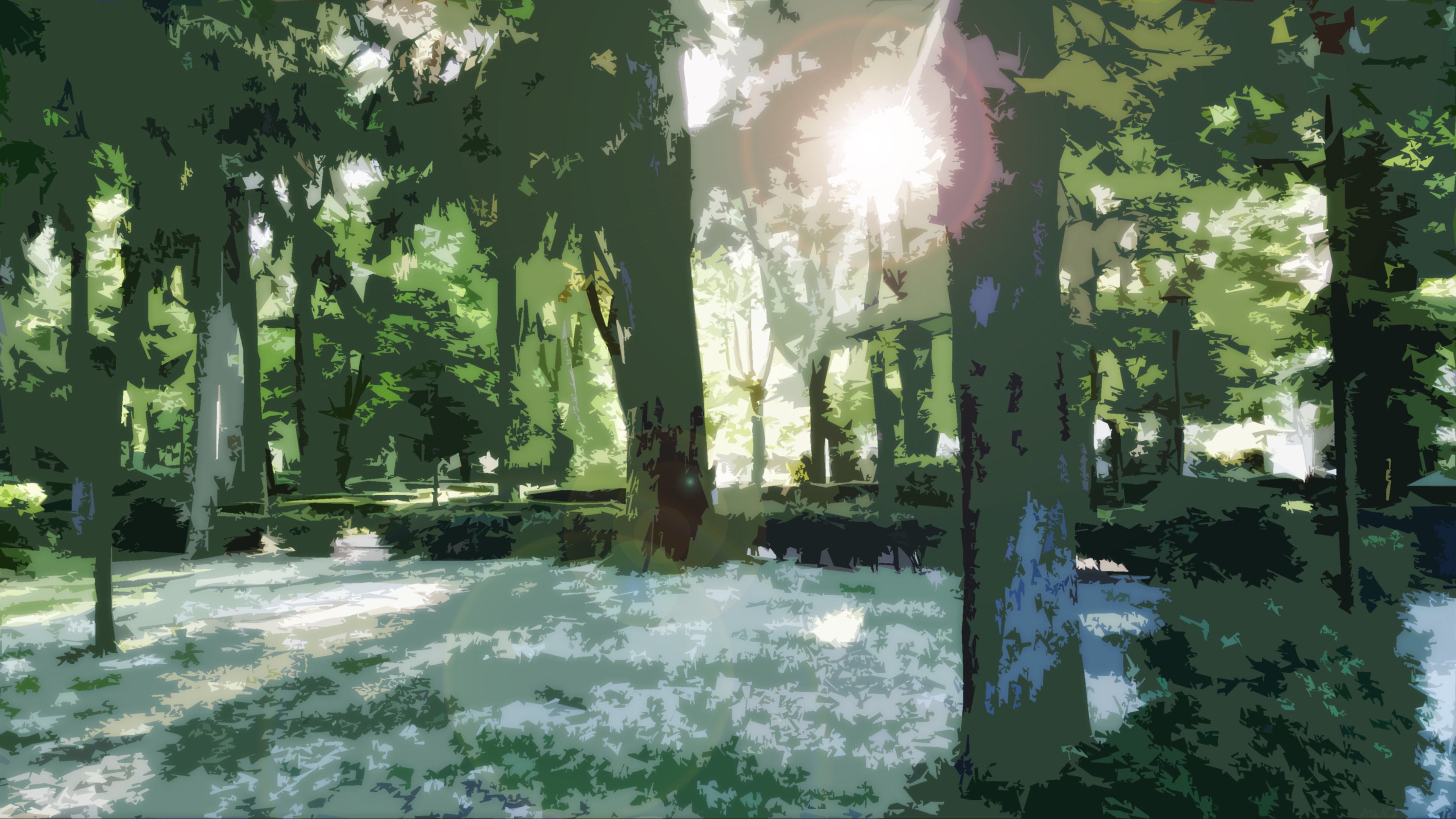 Sunlight filtering through trees in a park HD Wallpaper