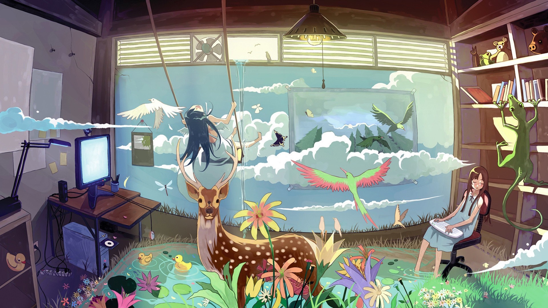 Anime girl on swing with deer and birds in surreal room HD Wallpaper
