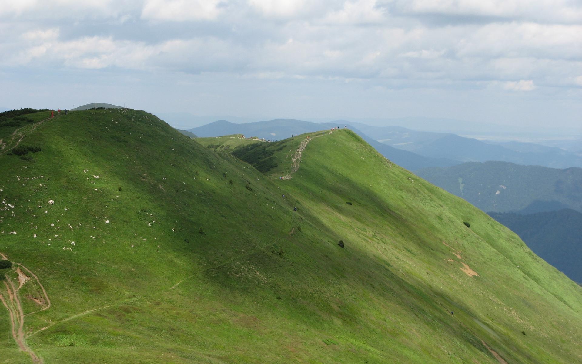 Green mountain range with a hiking trail HD Wallpaper