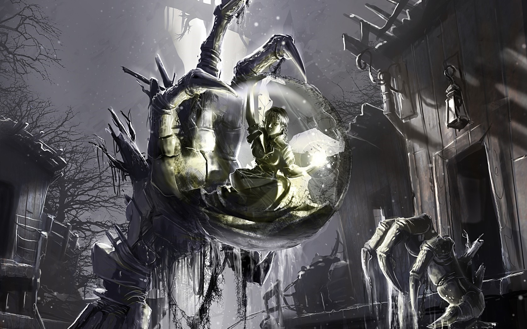 A creature holds a girl in a glass orb HD Wallpaper