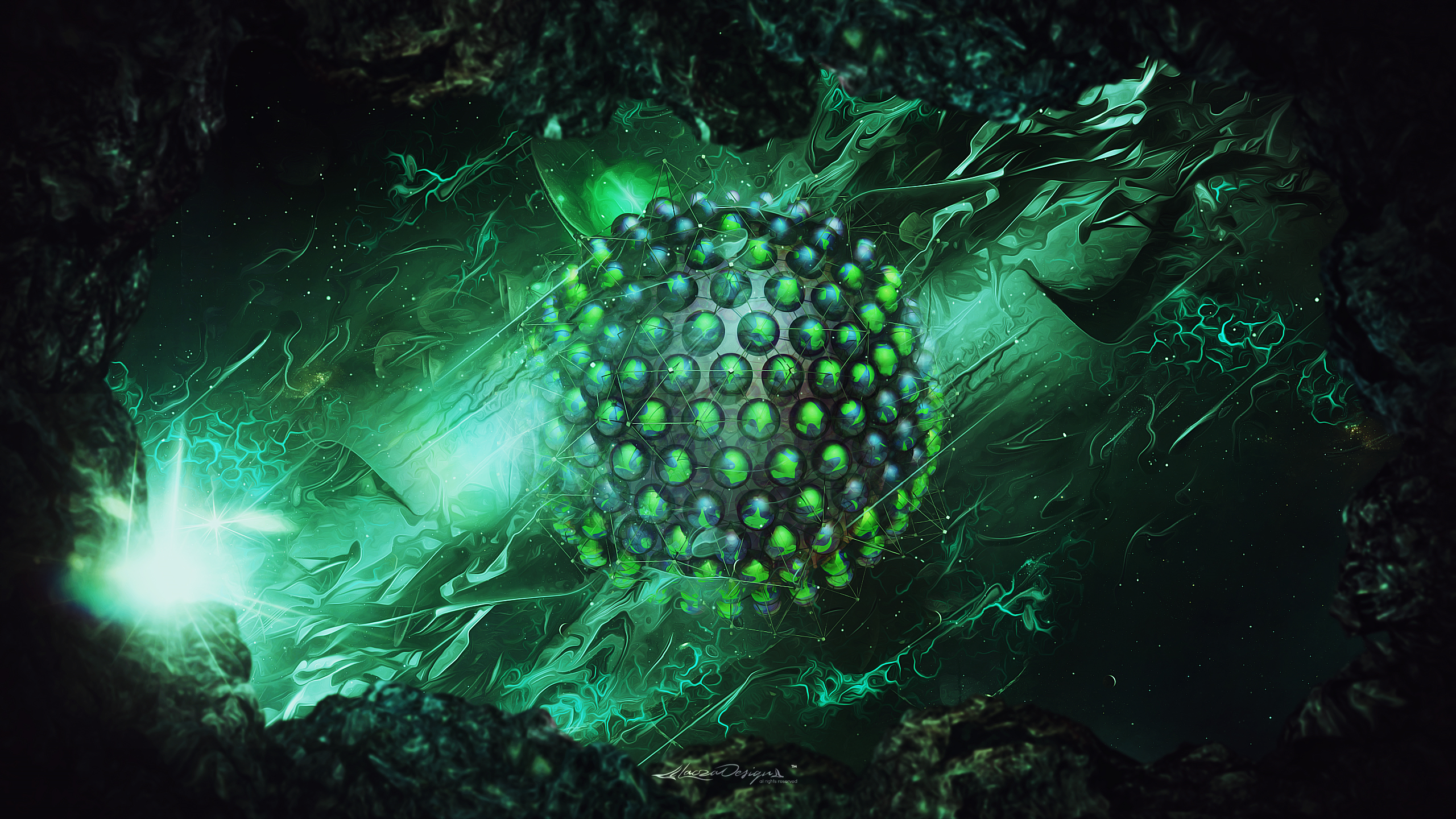 Abstract glowing sphere in a dark, rocky environment with green light streaks HD Wallpaper