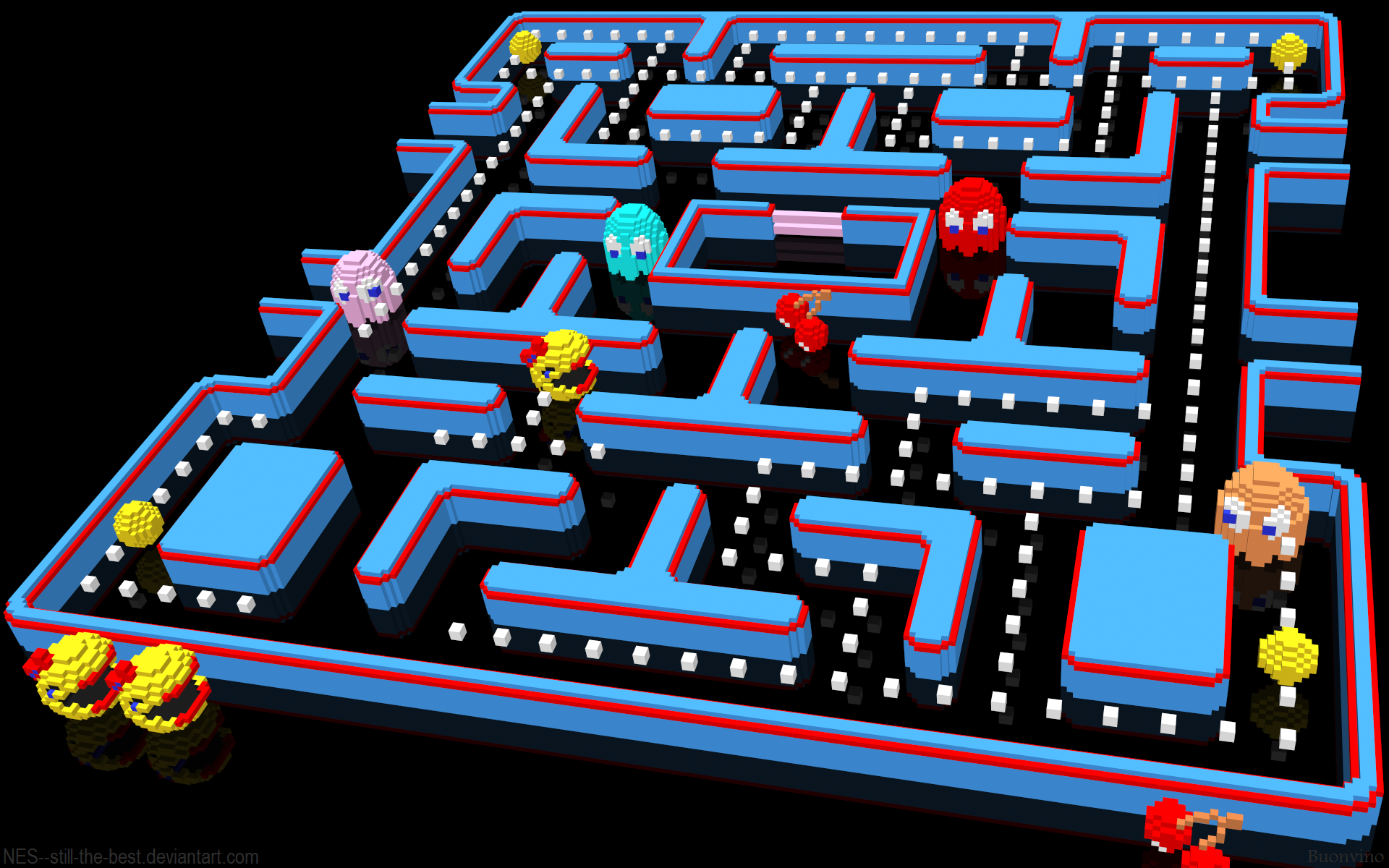 3D Pac-Man maze with ghosts and Pac-Man characters HD Wallpaper