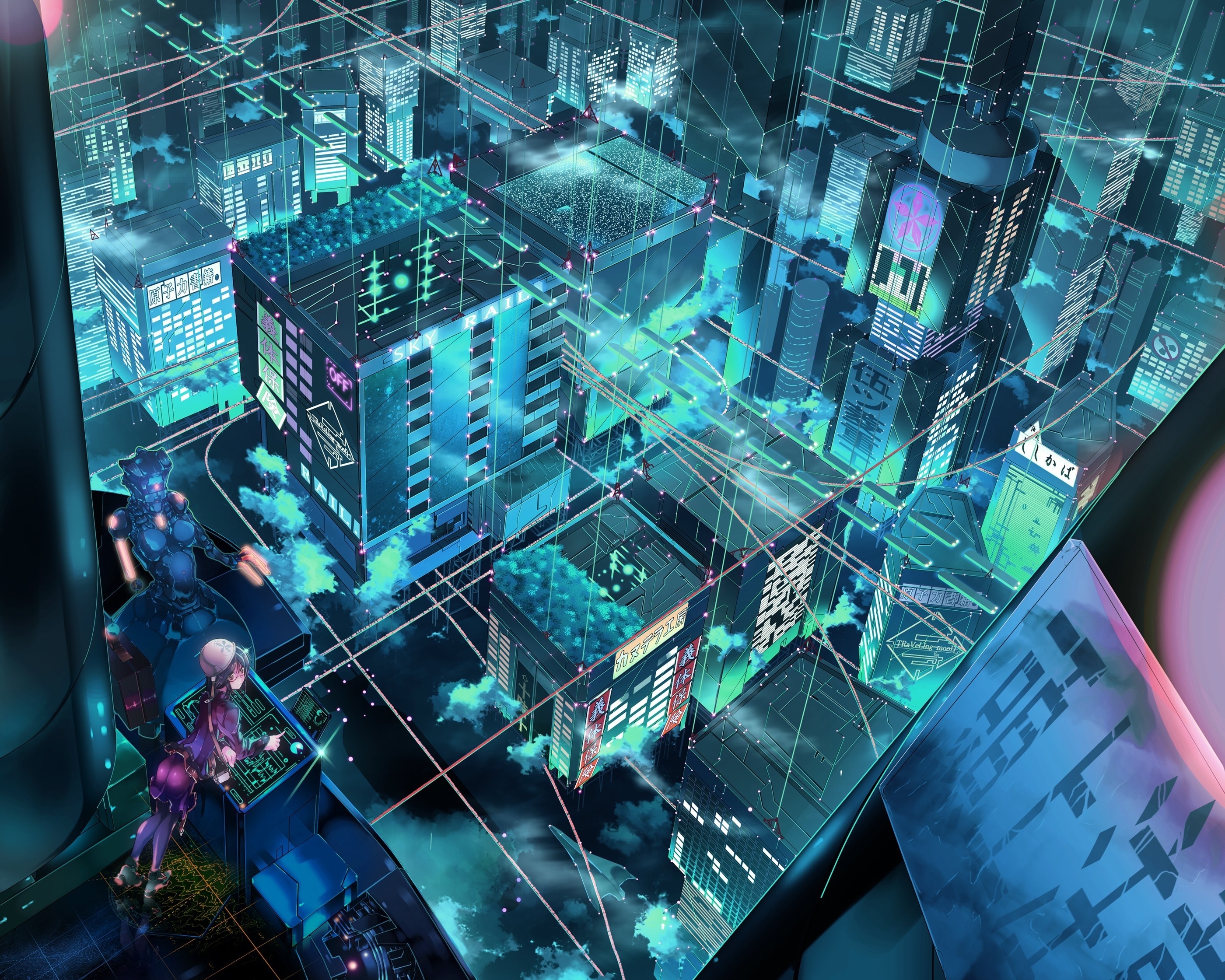 Cyberpunk Cityscape with Androids and Data Streams HD Wallpaper