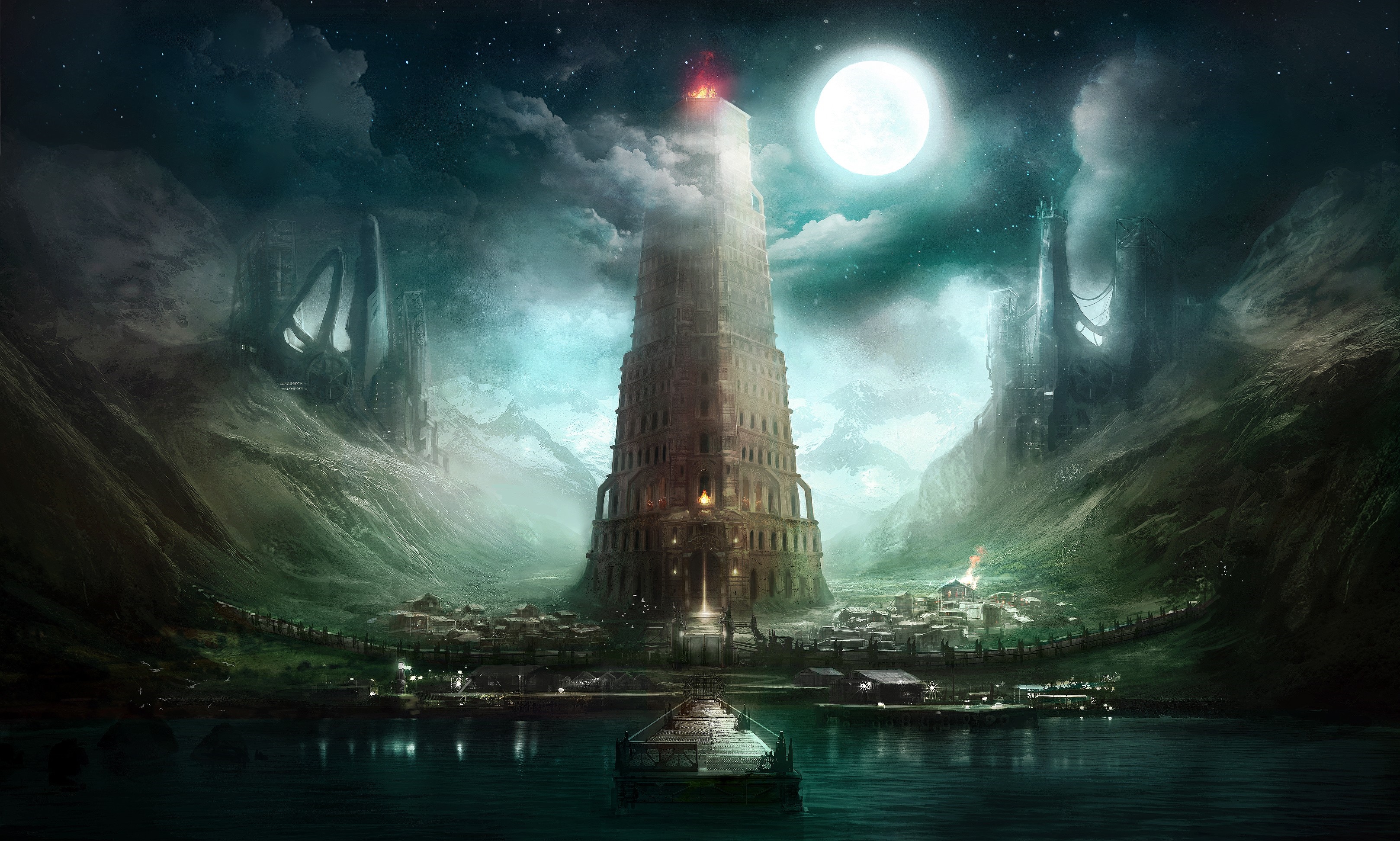 Fantasy tower by moonlight with futuristic structures HD Wallpaper