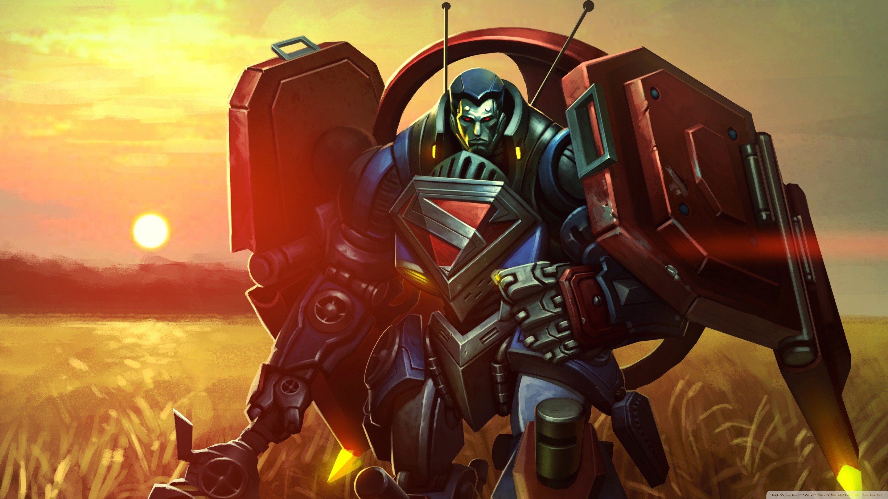 Robot with Superman symbol in a field at sunset HD Wallpaper