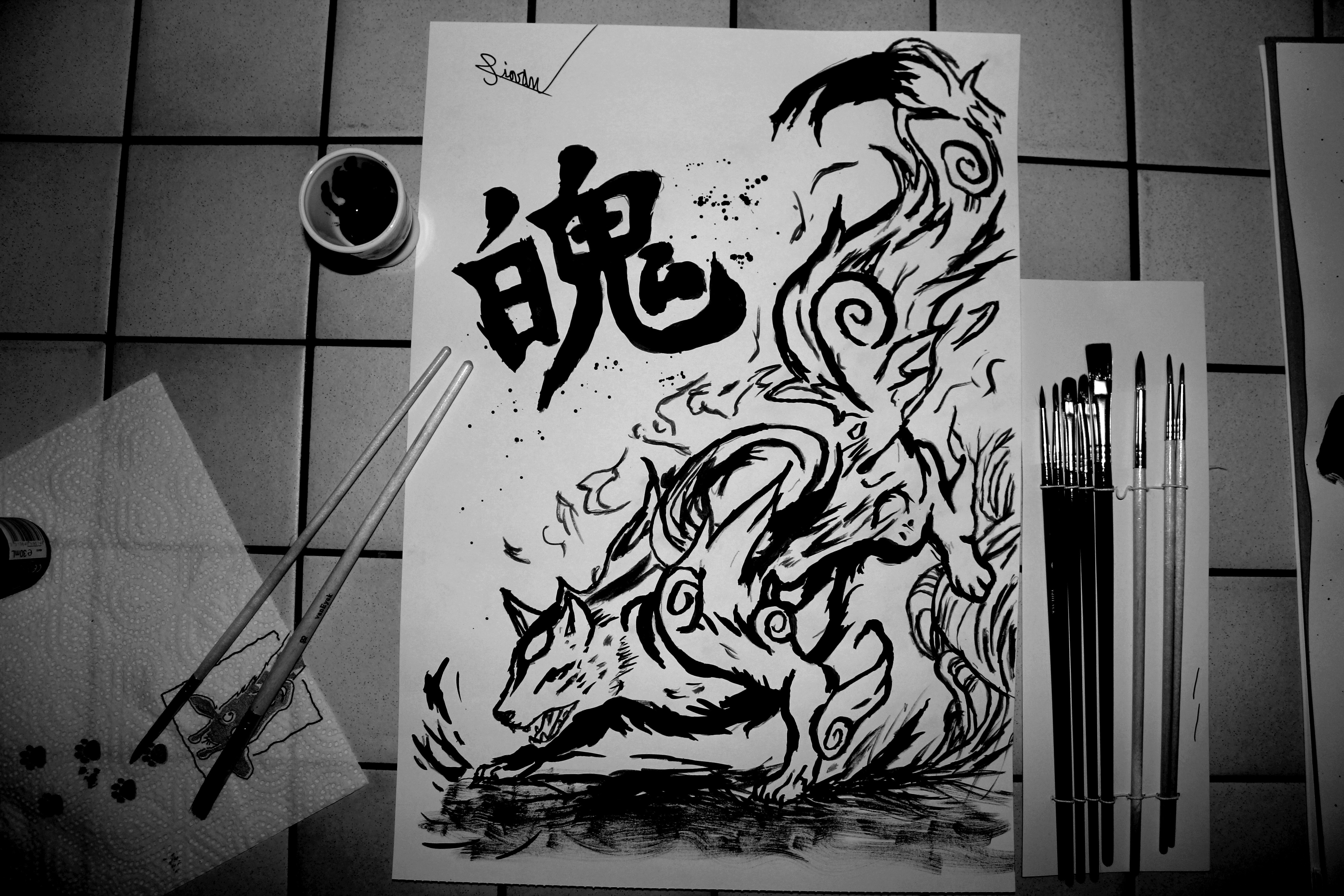 Ink drawing of a nine-tailed fox with Japanese calligraphy HD Wallpaper