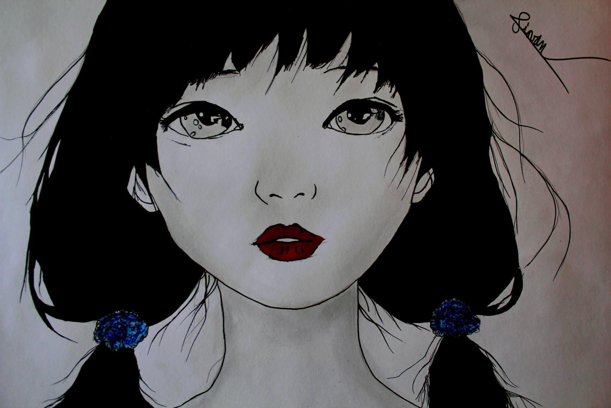 Anime girl with black hair and red lips HD Wallpaper