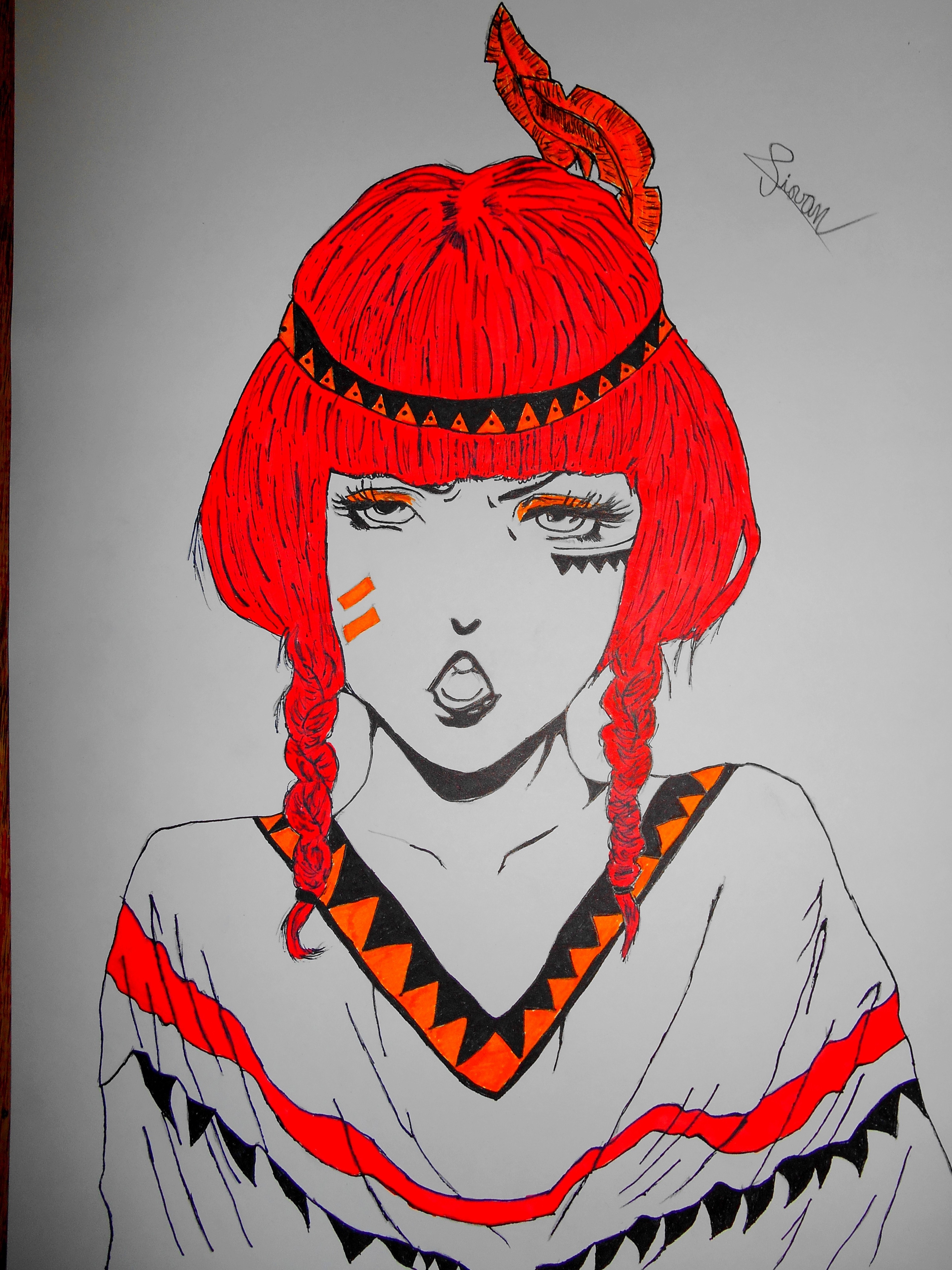 Drawing of a woman with red hair and tribal markings HD Wallpaper