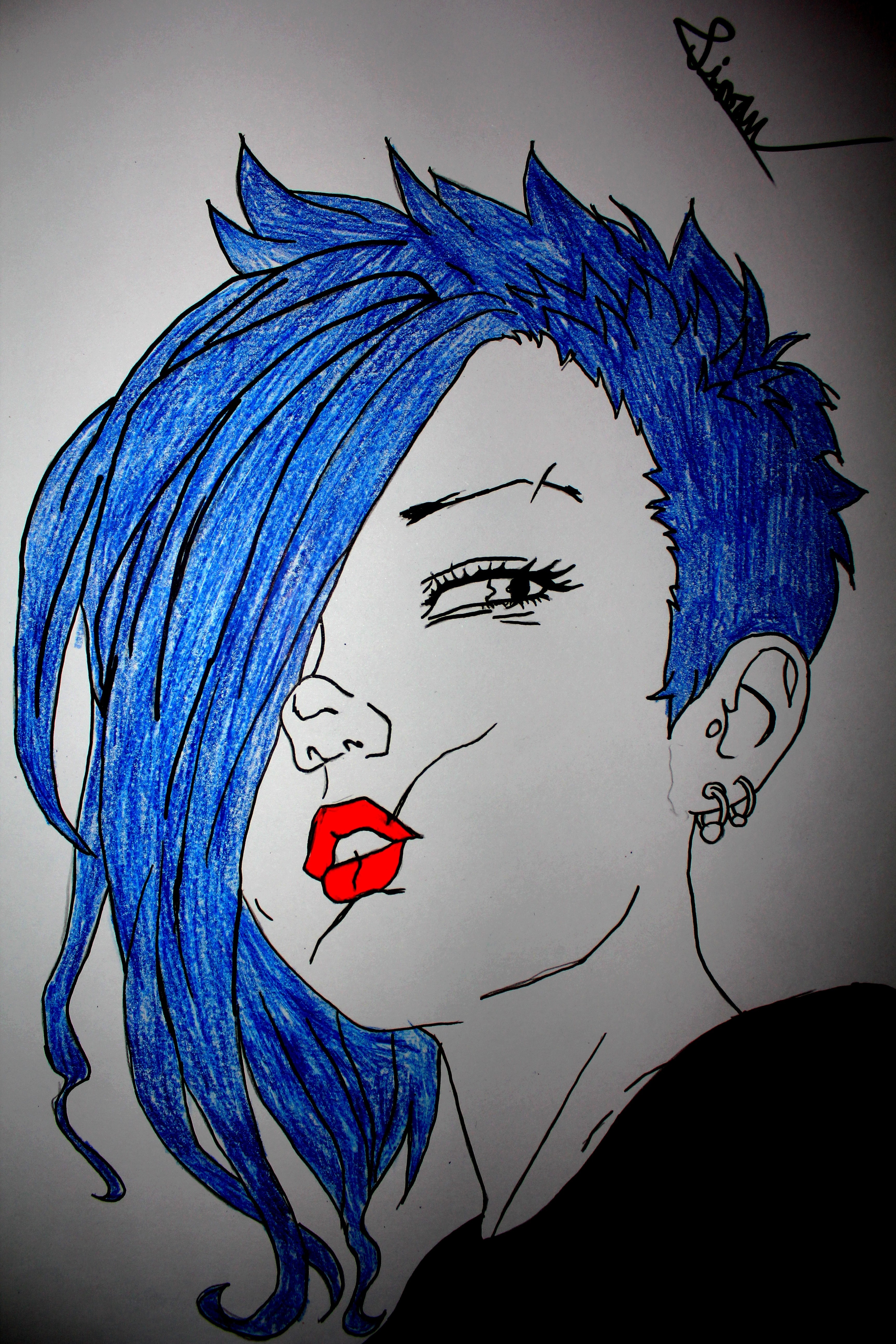Drawing of a woman with blue hair and red lips HD Wallpaper
