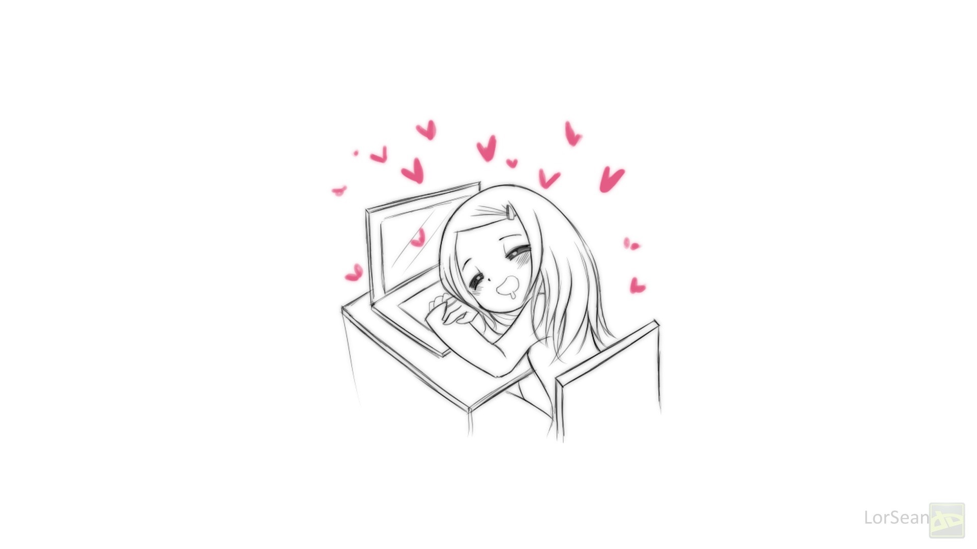 Girl with long hair at a laptop surrounded by hearts HD Wallpaper