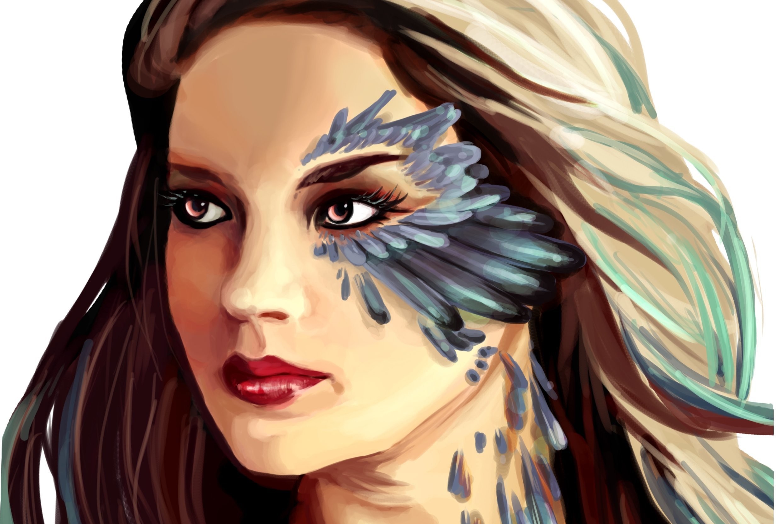 Illustration of a woman with bird-like face paint HD Wallpaper