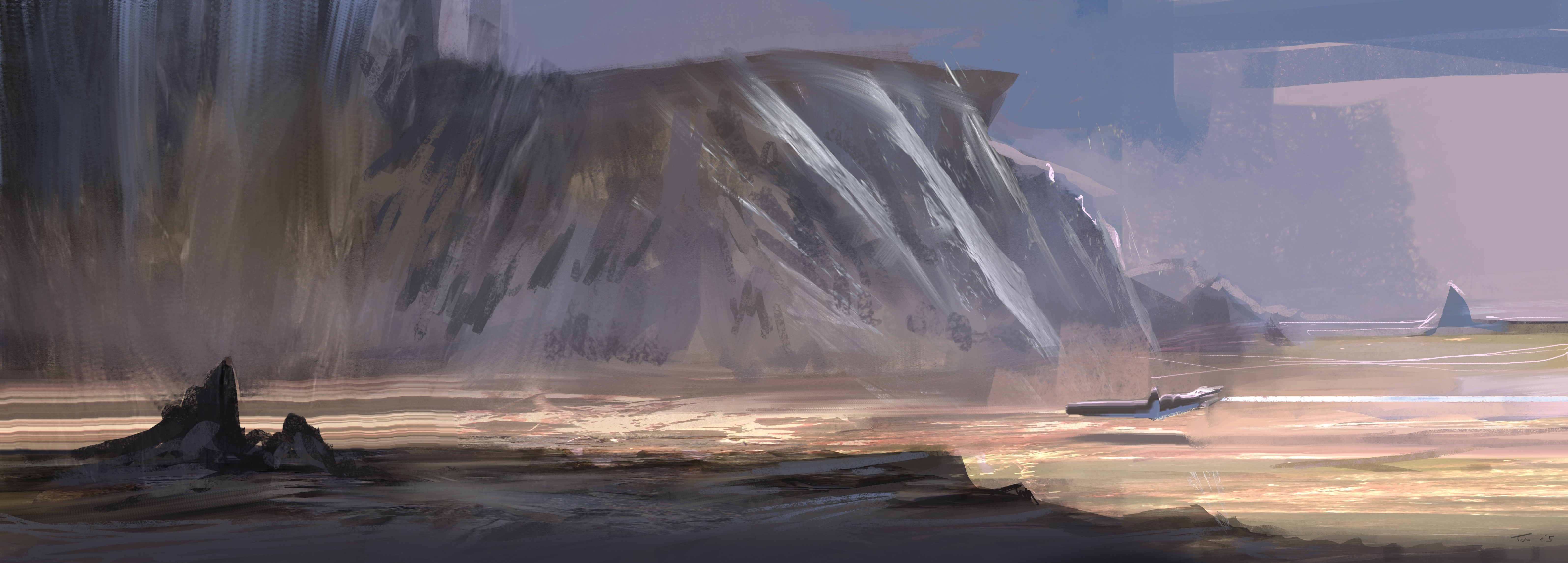 Futuristic vehicle on a rocky alien coast at dawn HD Wallpaper
