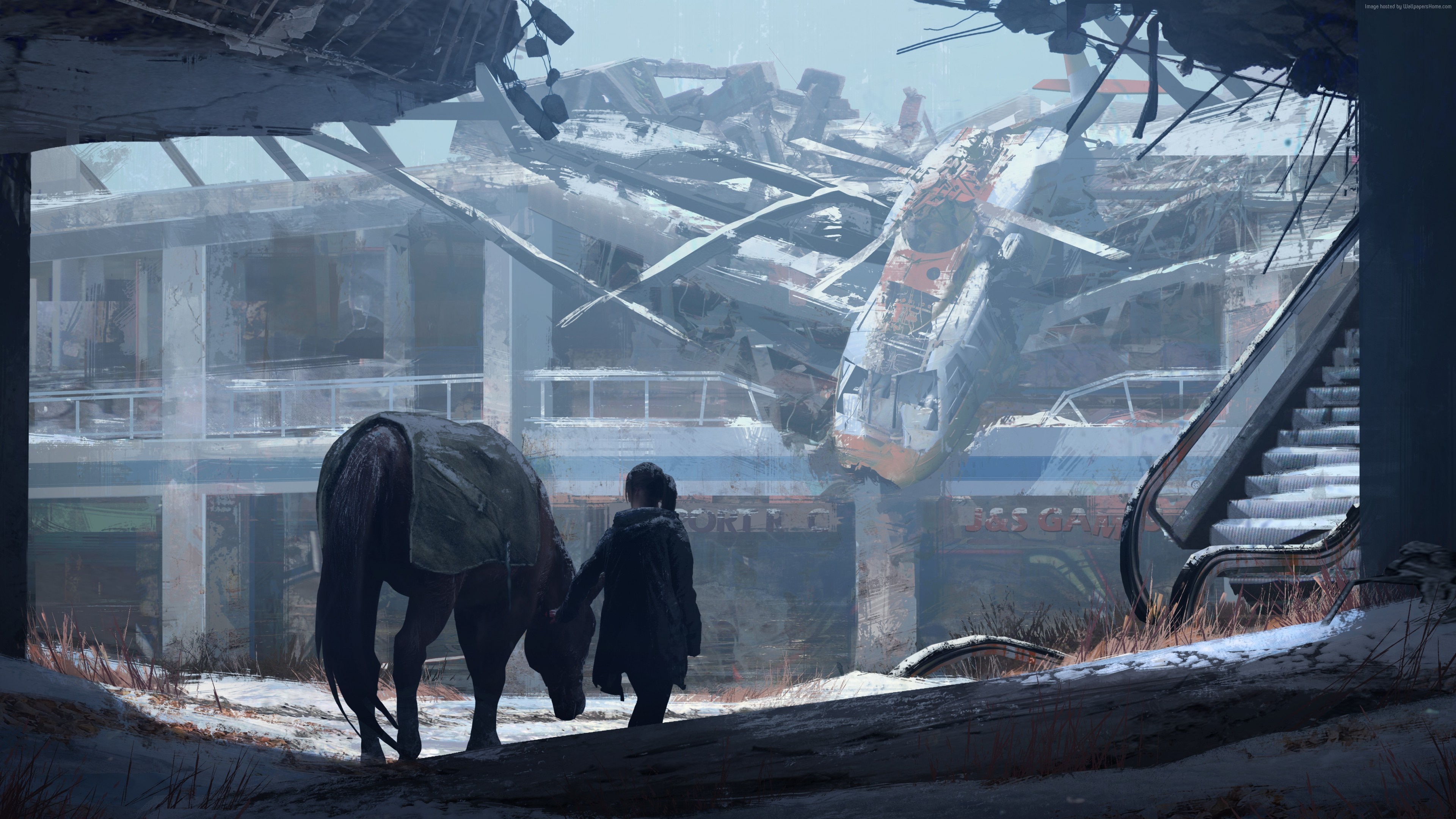 Girl with horse in ruined building, The Last of Us concept art HD Wallpaper