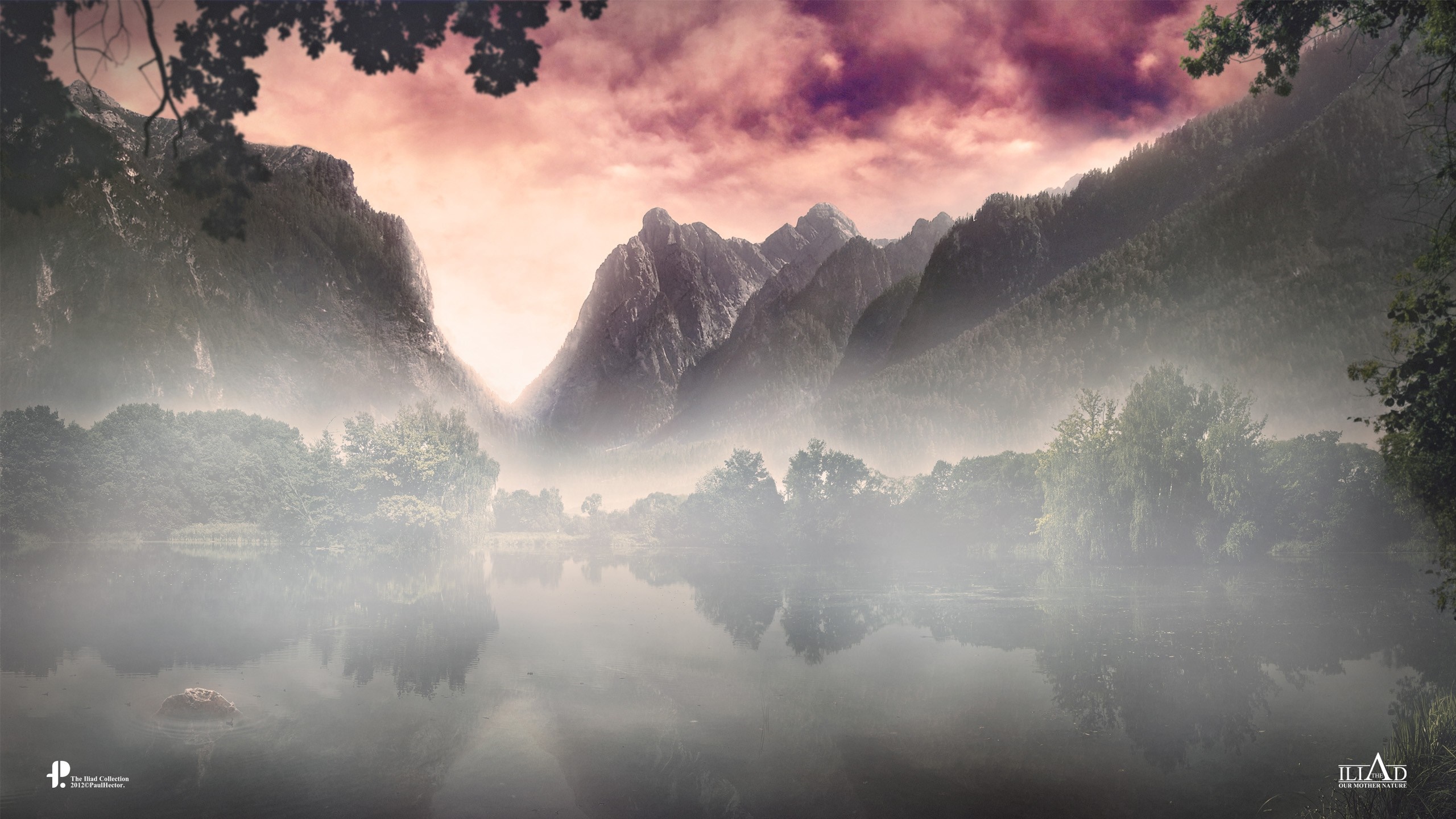 Misty mountain lake at sunrise with purple clouds HD Wallpaper