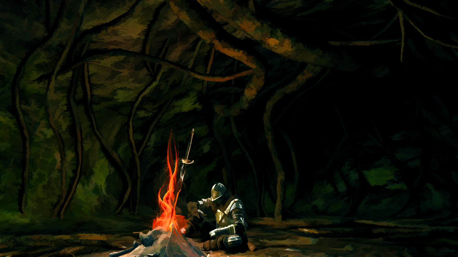 Dark Souls character by campfire in a dark forest HD Wallpaper