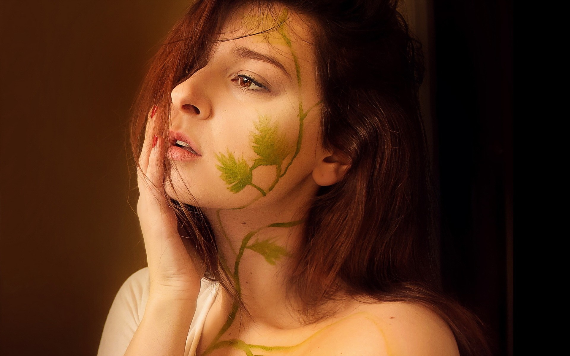 Portrait of Woman with Green Vine Face Art HD Wallpaper