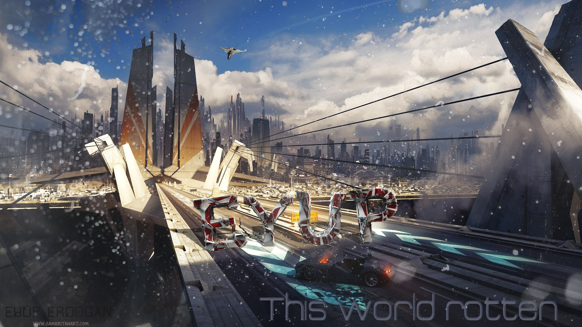 Futuristic Cityscape with Text and Car HD Wallpaper