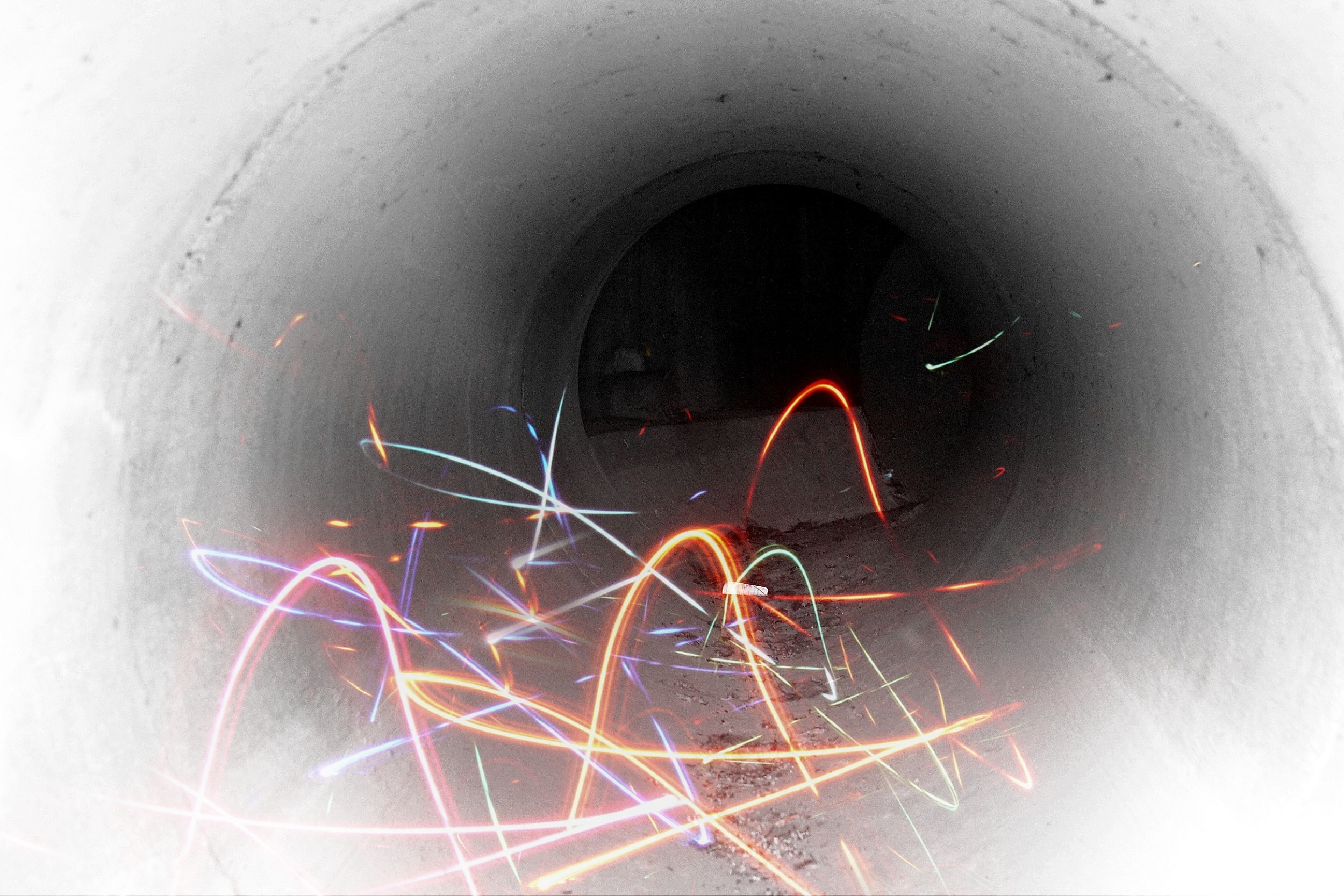 Light painting in a concrete tunnel HD Wallpaper