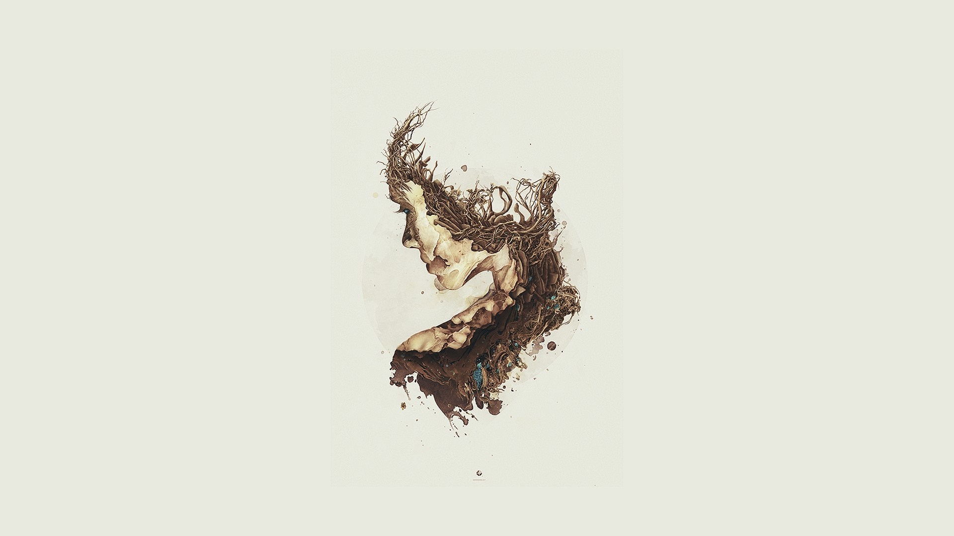 Surreal illustration of a face made of branches and soil HD Wallpaper