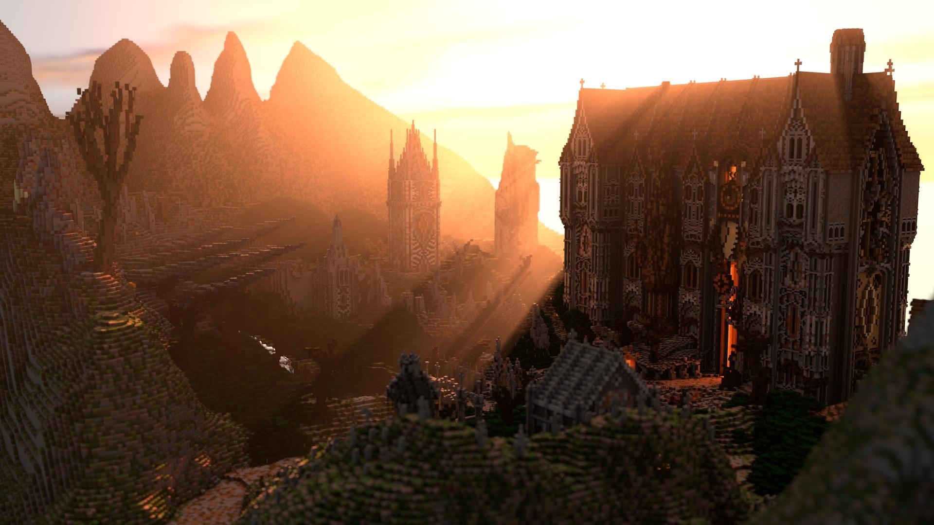 Minecraft valley with gothic architecture at sunset HD Wallpaper