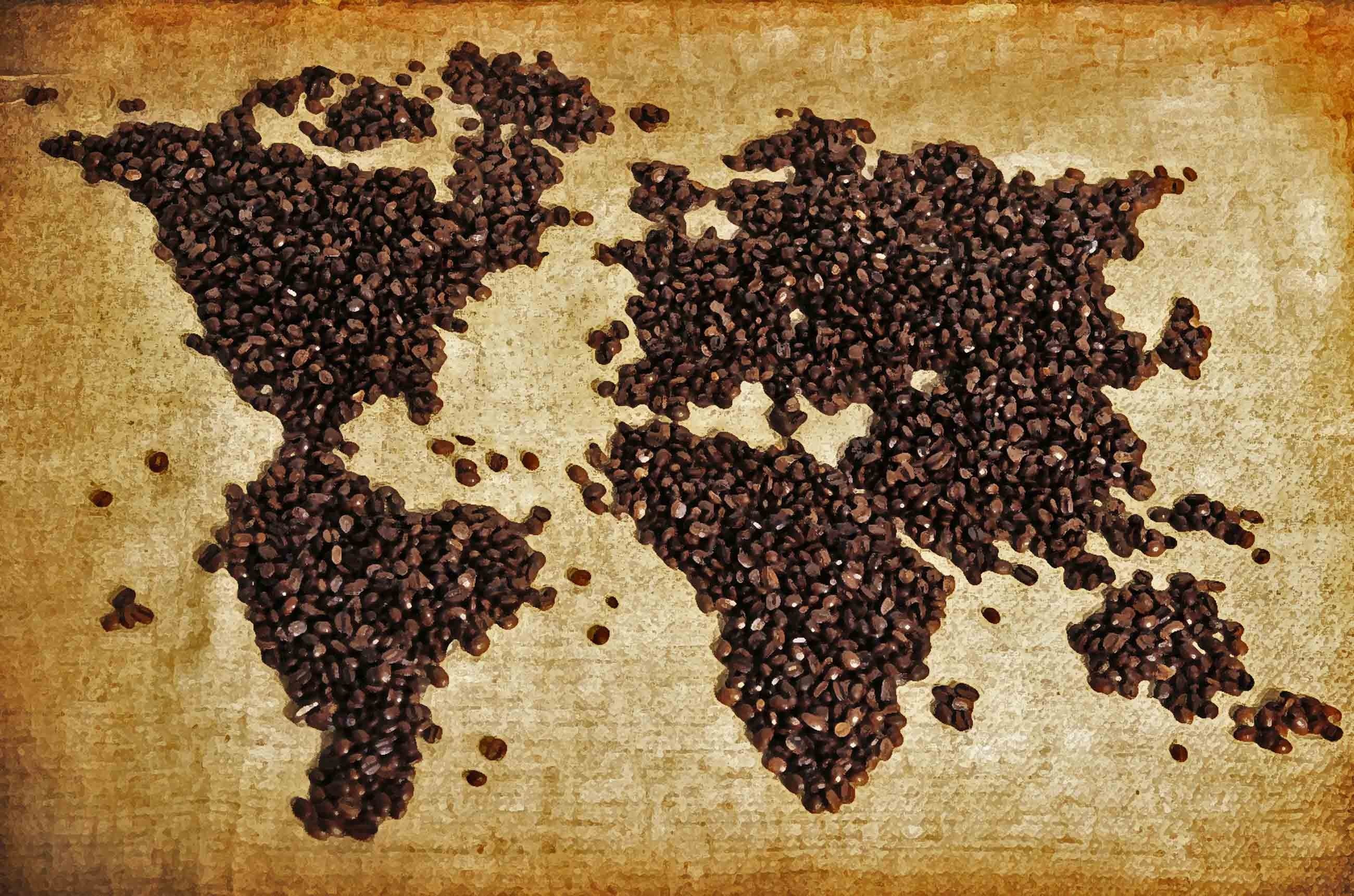 World map made of coffee beans on textured background HD Wallpaper