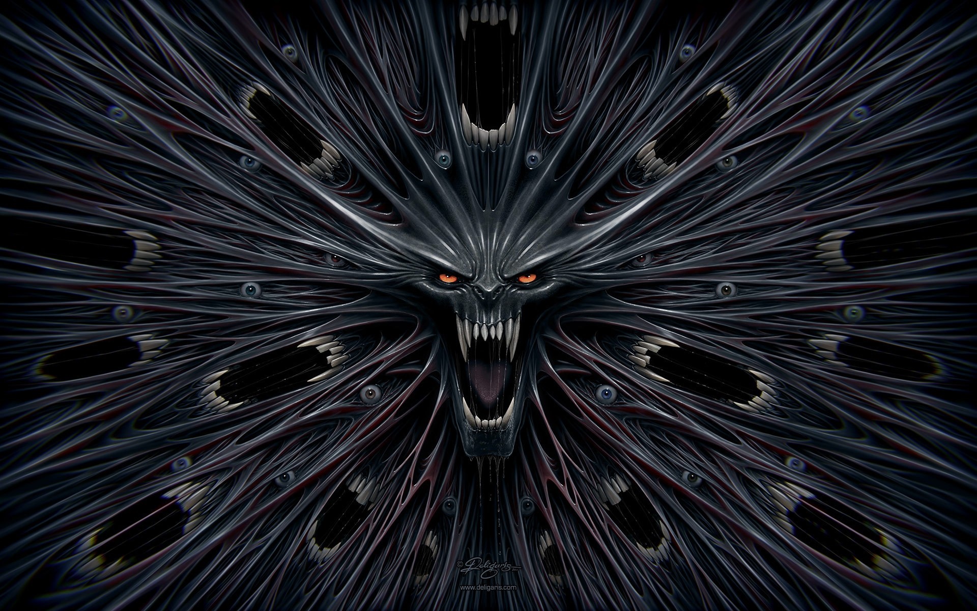 Demonic creature with many eyes and sharp teeth HD Wallpaper