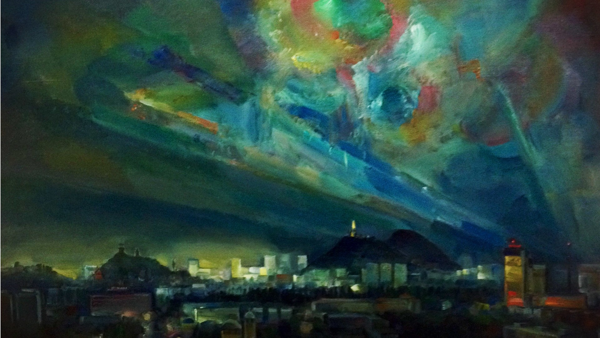 Painting of Plovdiv, Bulgaria at night with aurora borealis HD Wallpaper