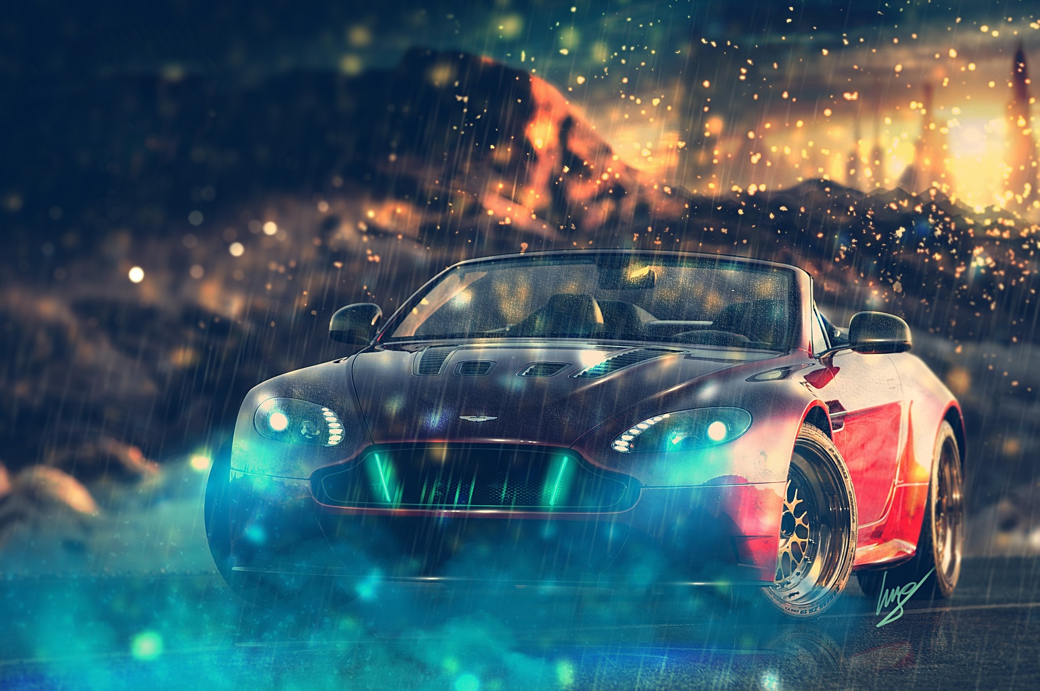 Red Aston Martin convertible in the rain at night HD Wallpaper